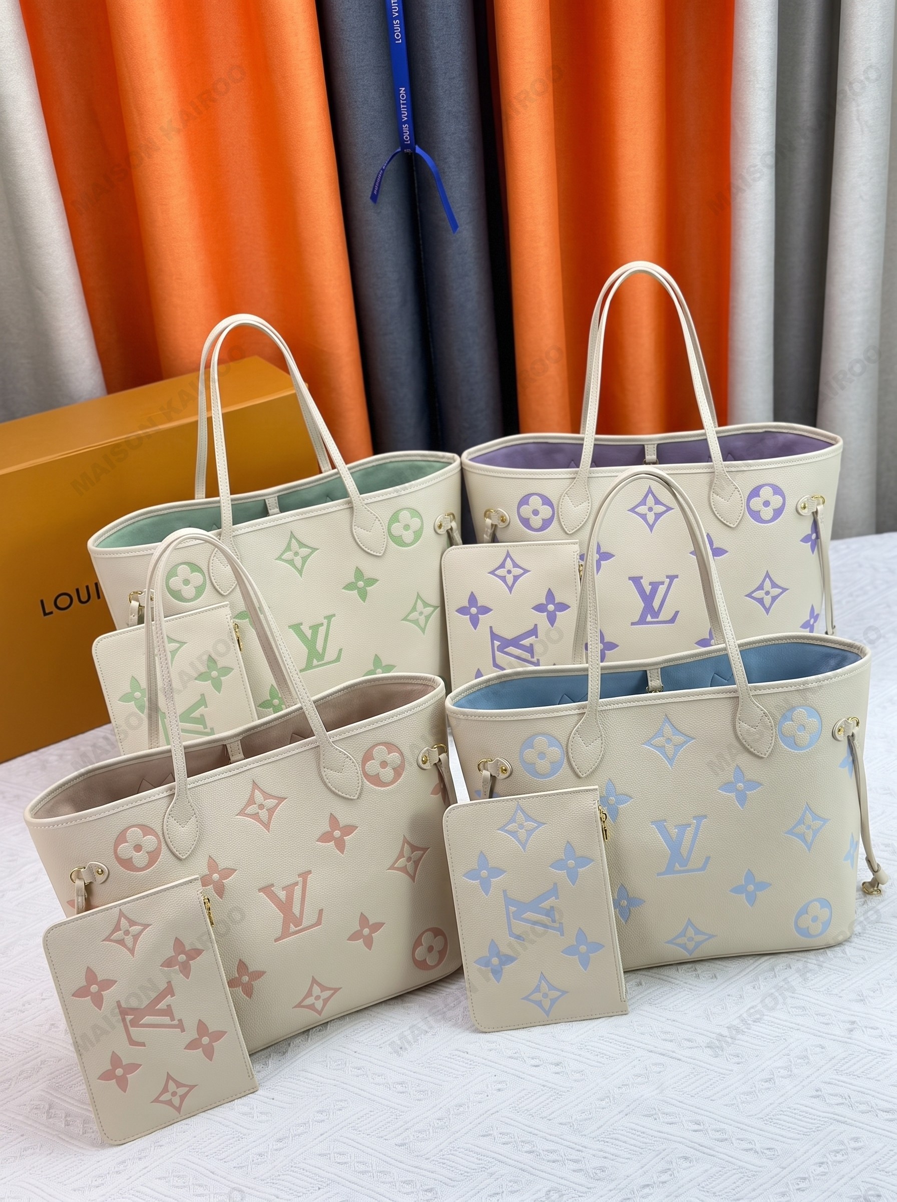 Louis Vuitton LV Neverfull MM Cream Base Pastel Bicolor Giant Logo Monogram Empreinte Leather Tote Bag - KAIROO