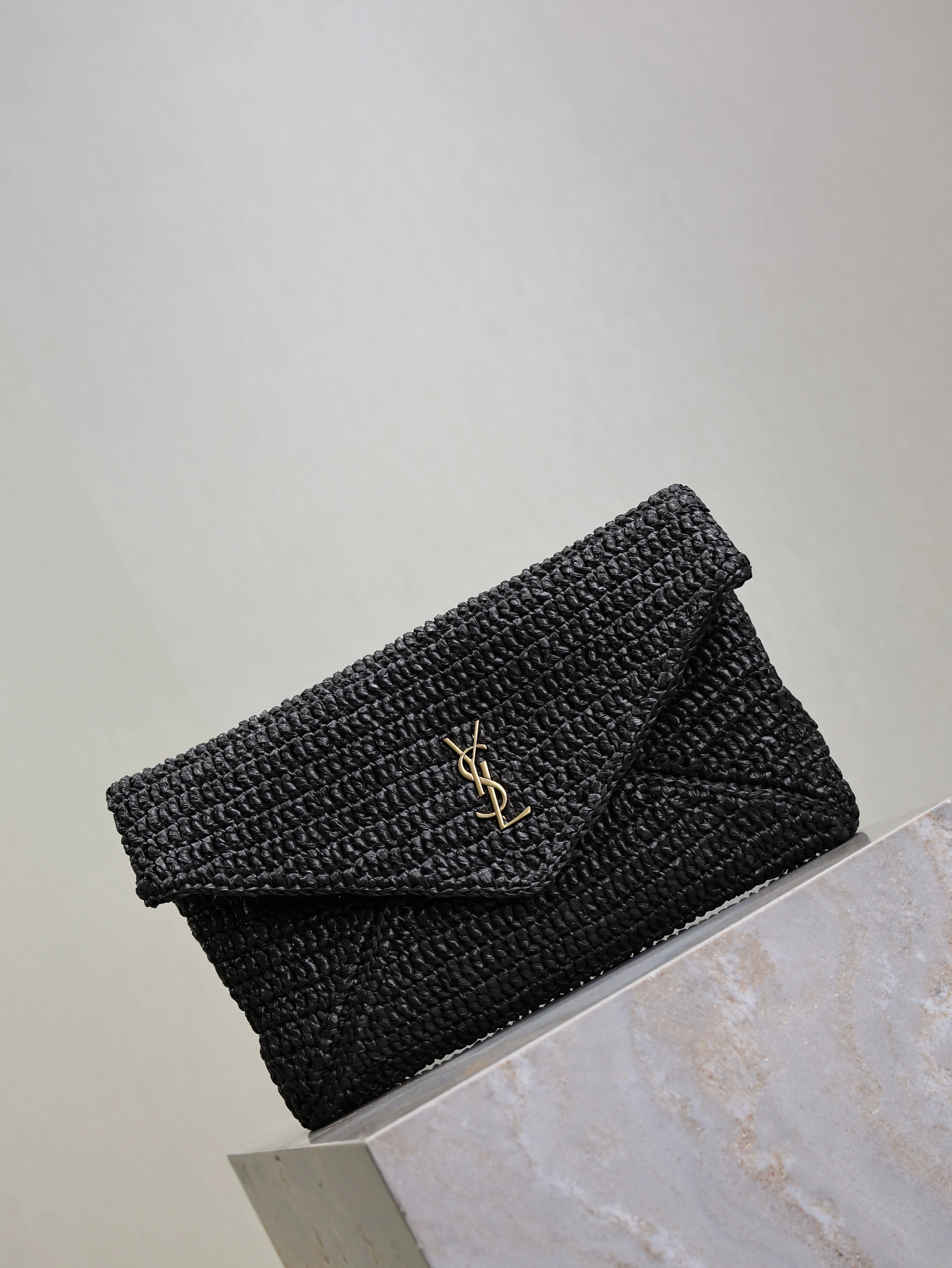 Saint Laurent YSL Envelope Clutch 29cm Black Raffia Leather