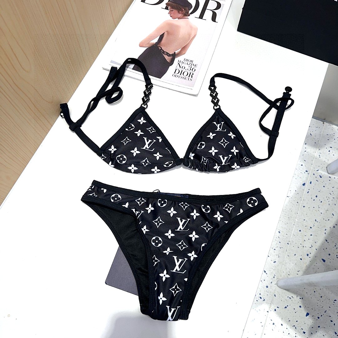 Louis Vuitton LV  Black Monogram Print Chain Strap Triangle Bikini Two-Piece Swimsuit - KAIROO