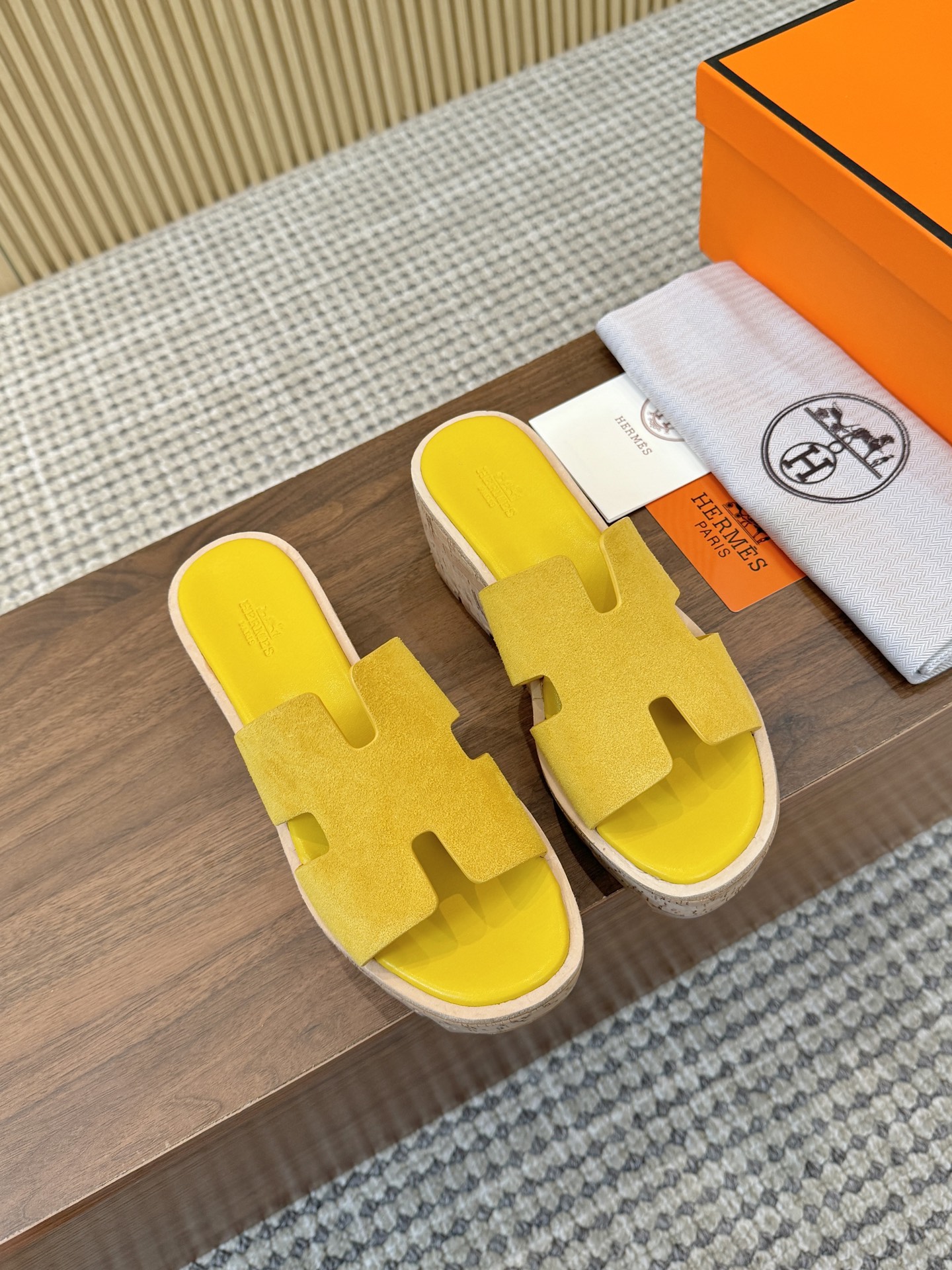Hermes Yellow Suede Leather H-Cutout Cork Sole Slide Sandal - KAIROO