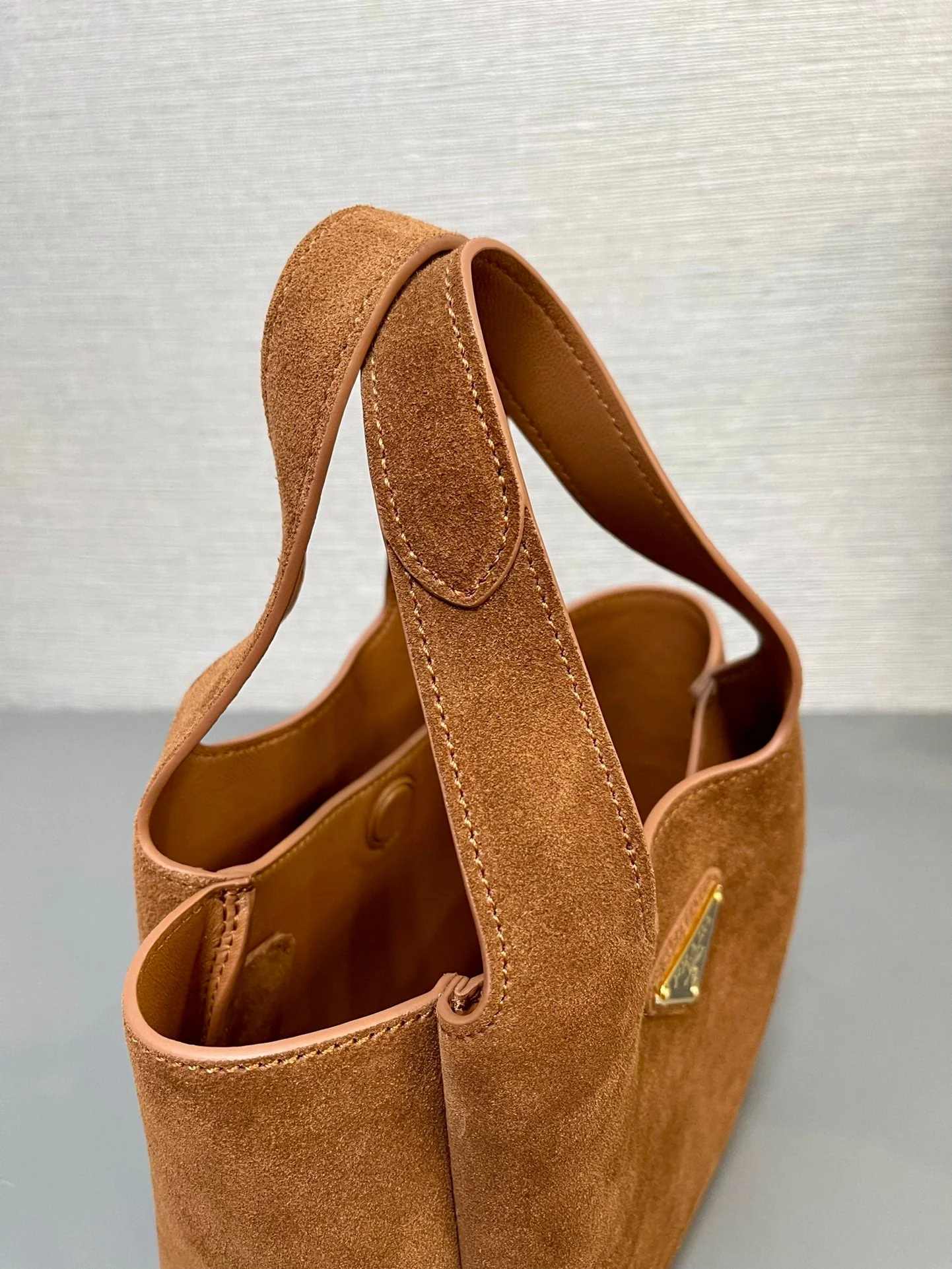 Prada  MINI TOTE BAG 18 IN RED BROWN SUEDE GOLD LOGO