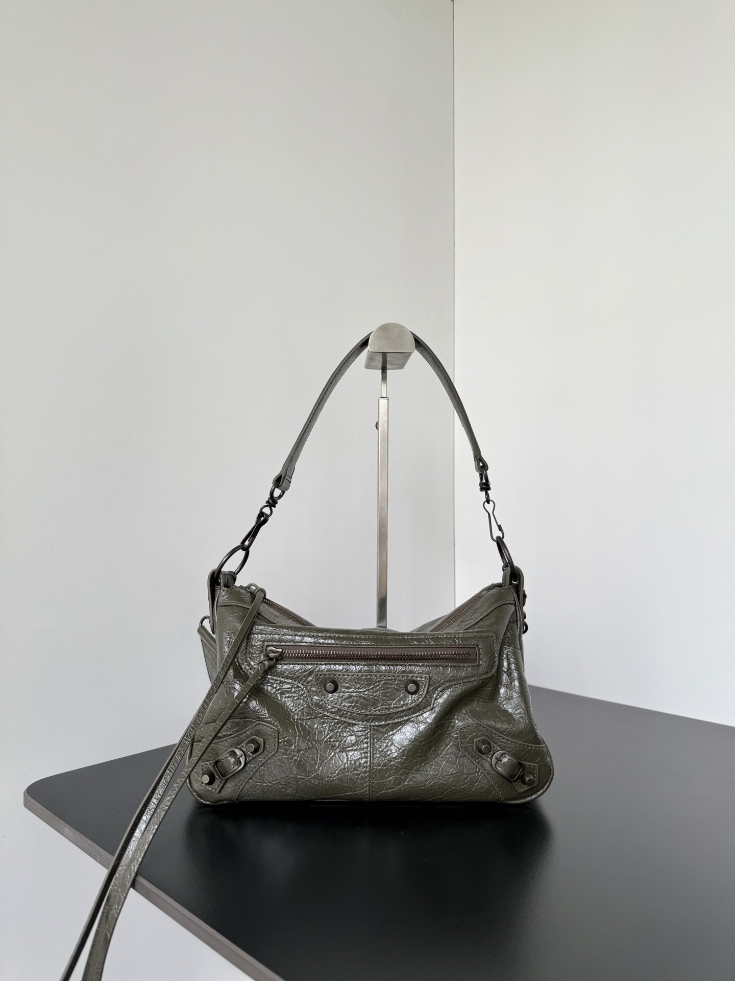𝐁alenciaga Le City Moto Bag Small in Army Green Lambskin