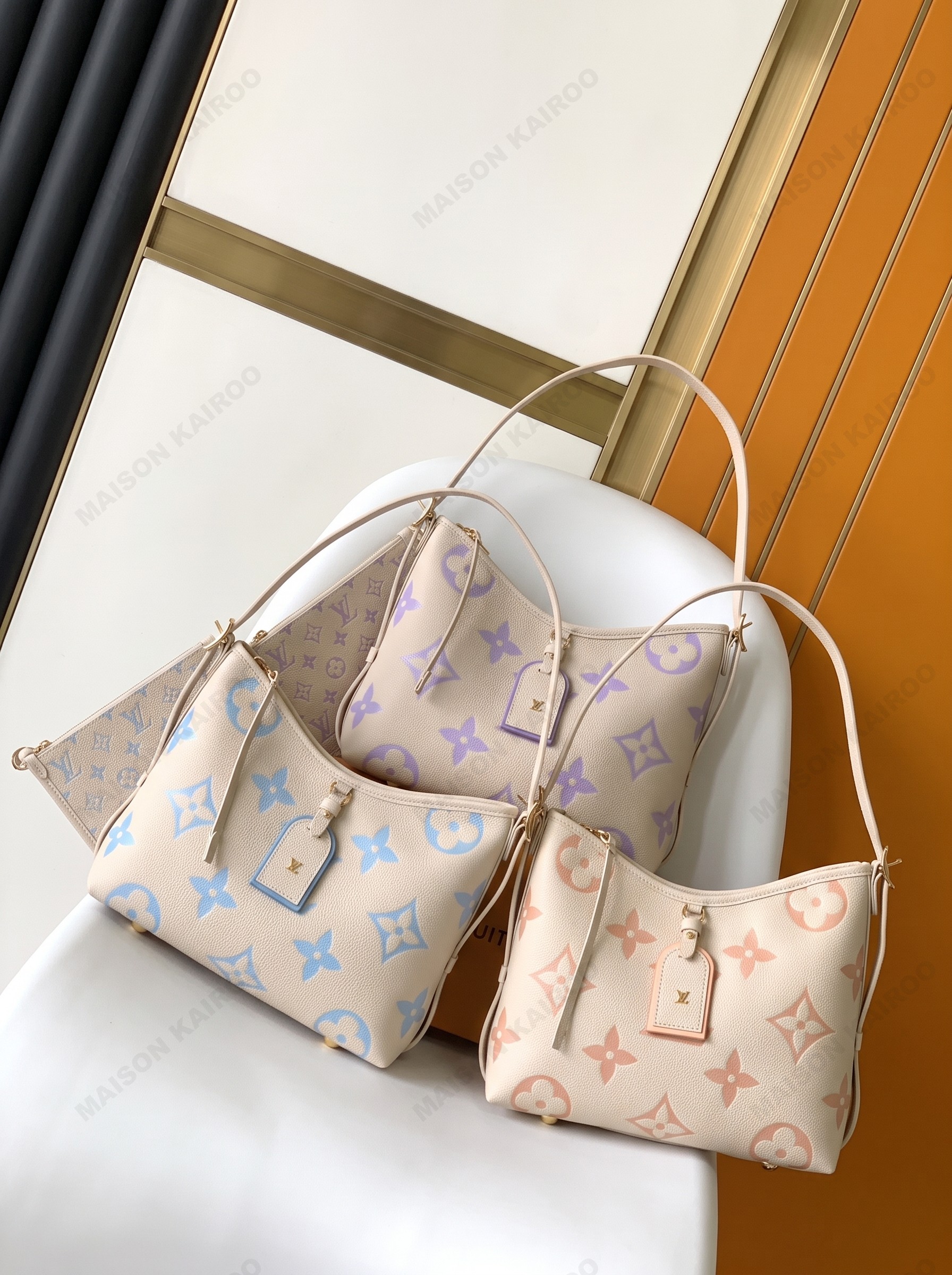 【10A】Louis Vuitton LV Carryall PM Pastel Cream Bicolor Big Monogram Embossed Leather Hobo Tote Shoulder Bag - KAIROO