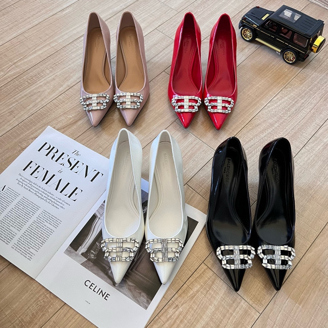Balenciaga Crystal BB Pointed Toe Patent Leather Knife Heels - KAIROO