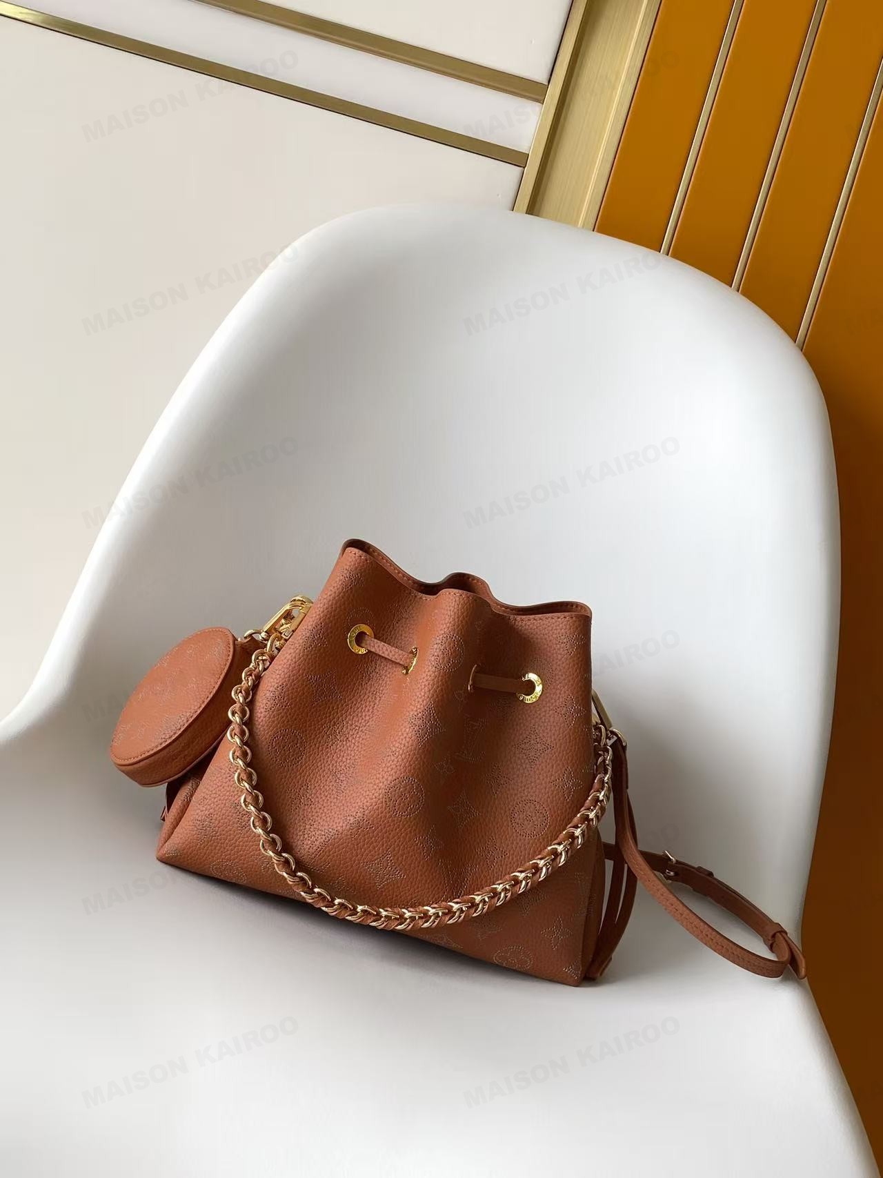 【10A】Louis Vuitton LV Mahina Bella Tote Cognac Perforated Monogram Leather Drawstring Bucket Handle Bag - KAIROO