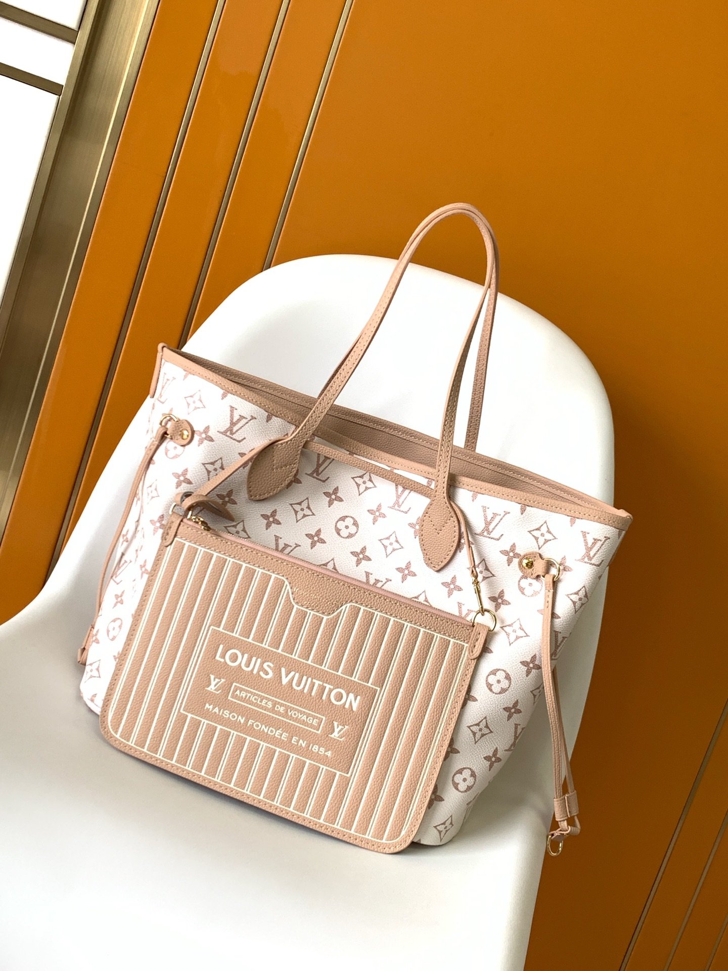 Louis Vuitton LV Neverfull Inside Out BB&MM Nude Sand Cream Base Monogram Canvas Reversible Tote Bag - KAIROO