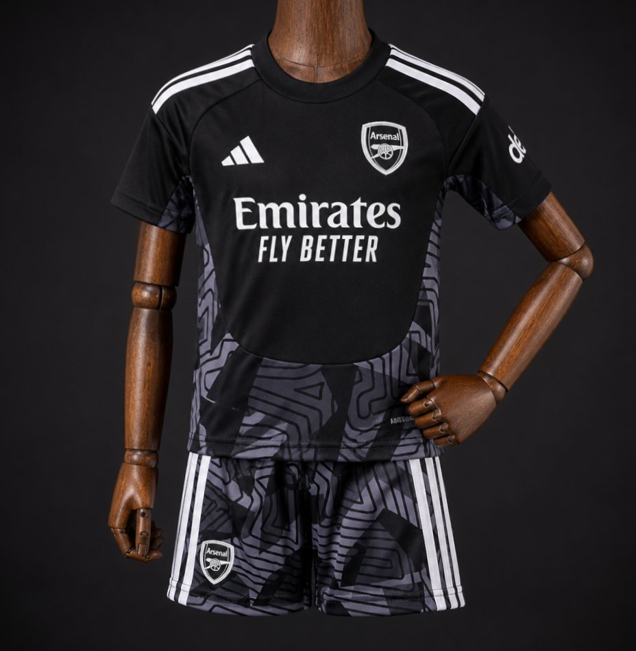 26/27 Kids Arsenal Black with Dark Grey Geometric Contour Pattern Goalkeeper Jersey Set 16-28 - musan