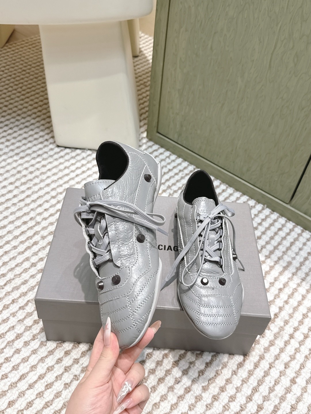 Balenciaga Cagole Grey Arena Studded Quilted Leather Speed GAT Sneakers - KAIROO