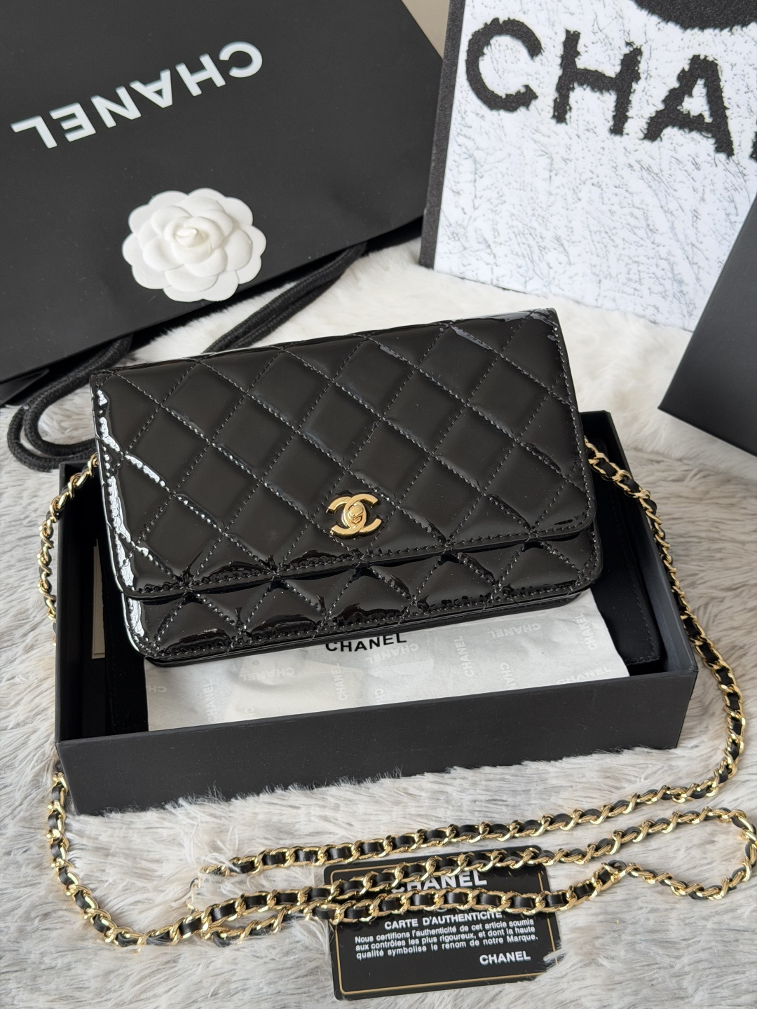Chanel Classic Chanel On Chain in Black Patent Leather Gold-Tone Metal