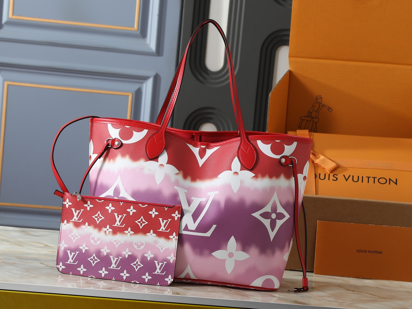 Louis Vuitton LV Neverfull MM Escale Red Pink Monogram Canvas Leather Tote Shoulder Bag With Pouch - KAIROO
