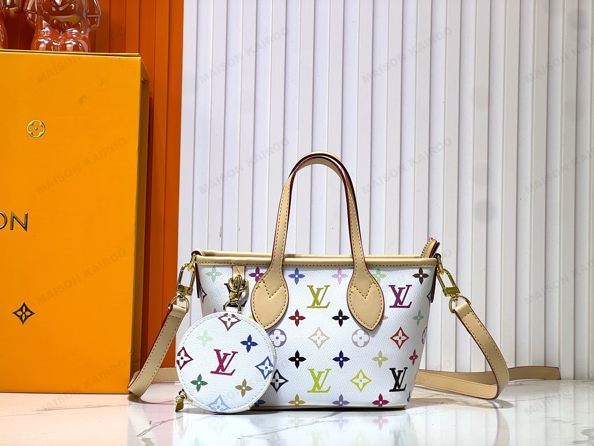 Louis Vuitton LV x TM Neverfull BB White Multicolore Monogram Canvas Shoulder Tote Bag With Round Purse - KAIROO