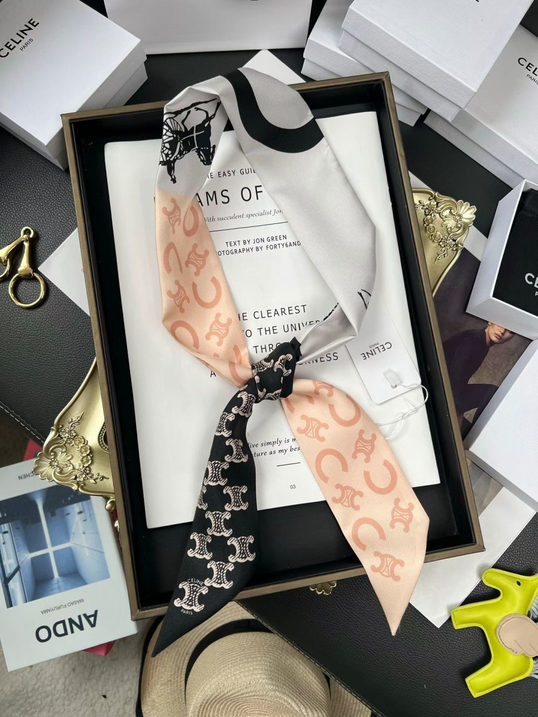 Celine Black Pink Ivory Triomphe Carriage Logo All Over Print Silk Twill Skinny Scarf - KAIROO