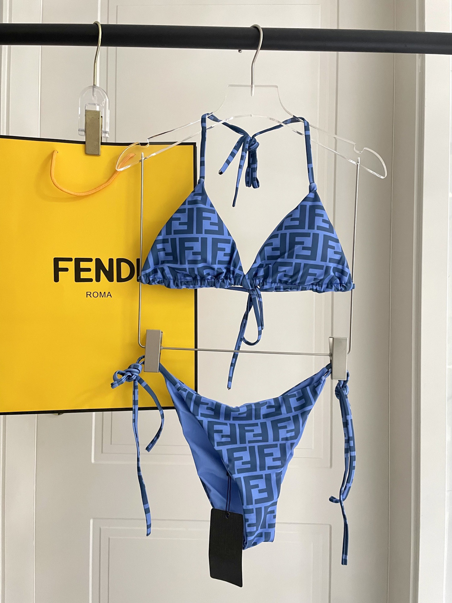 Fendi Blue FF Monogram Print Tie Strap Triangle Bikini Two-Piece Swimsuit - KAIROO