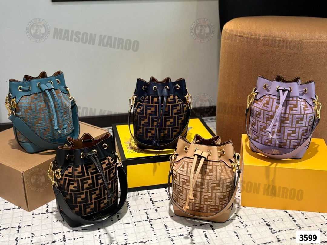 Fendi FF Mon Tresor Mini Multicolor Jacquard Monogram Canvas Leather Trim Drawstring Bucket Shoulder Bags - KAIROO