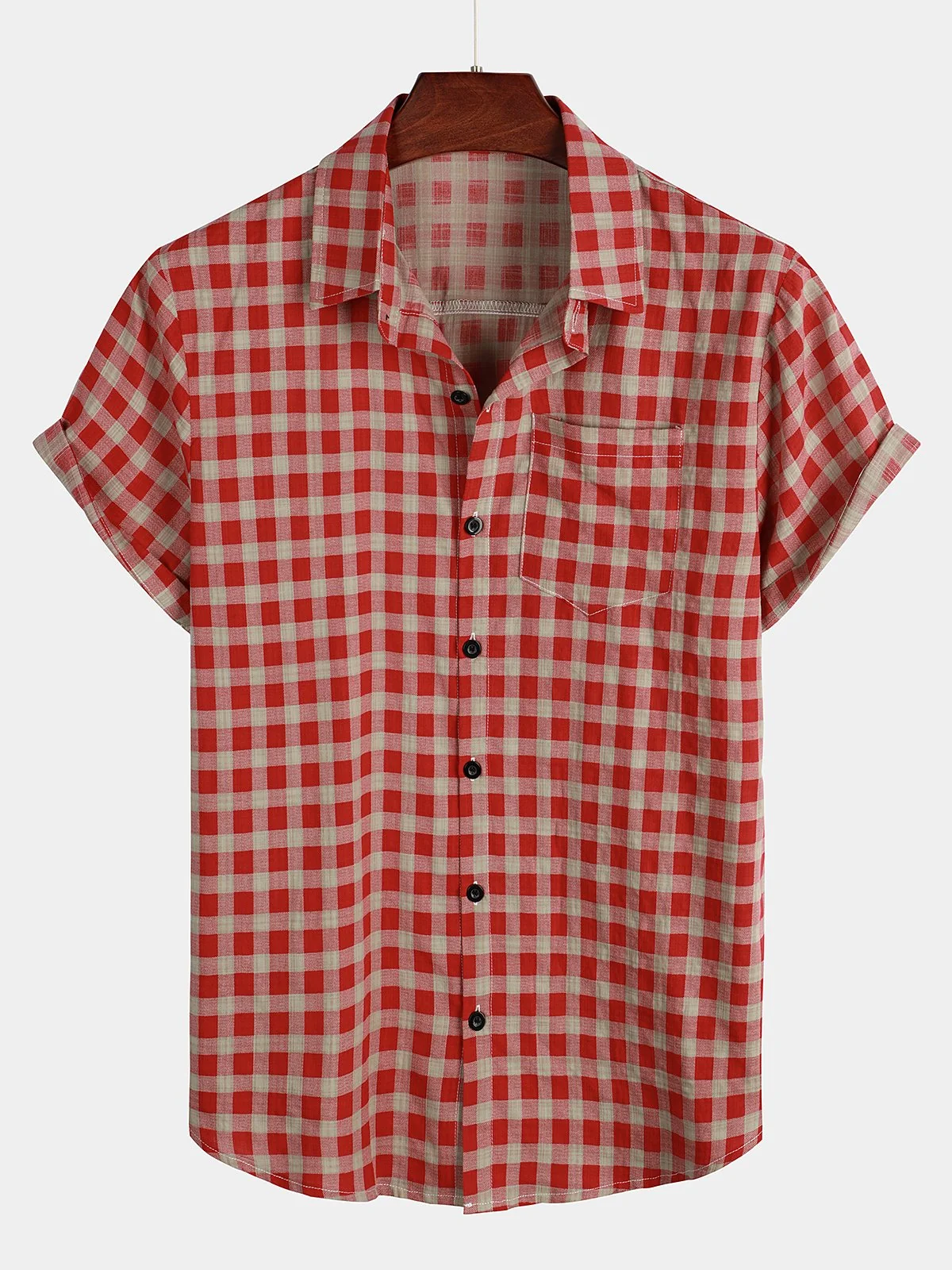 Men's Red Plaid Cotton Button-Up Summer Shirt