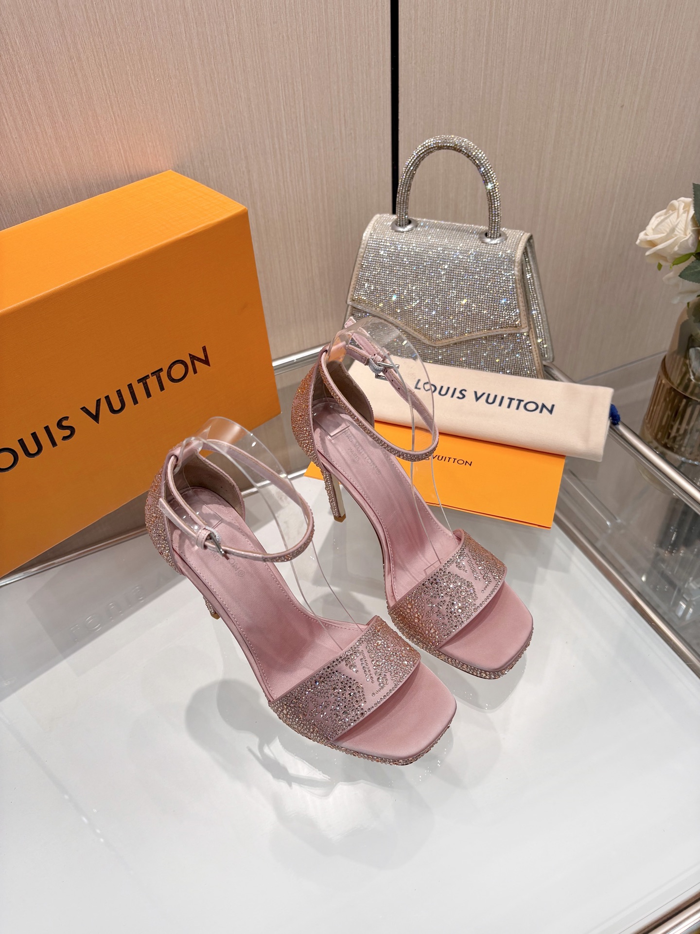 Louis Vuitton Monogram Pink Gloss Satin Fully Crystal Monogram Lambskin Insole Platform Ankle Strap Sandals Heels - KAIROO