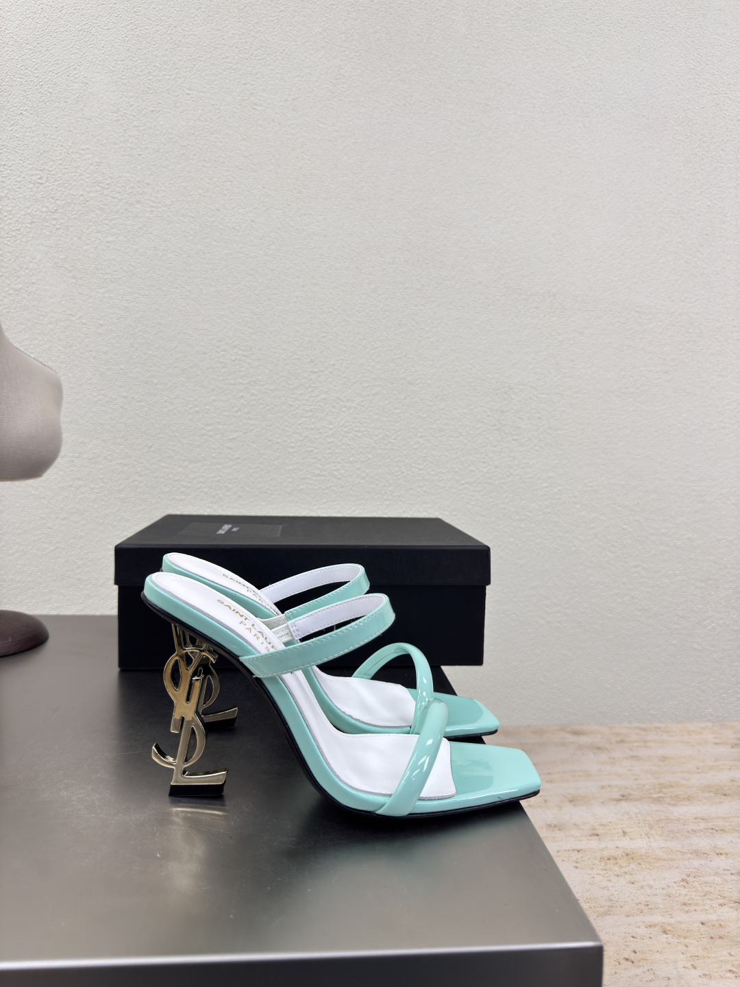 Saint Laurent Mint Green Patent Leather Square Toe Metal YSL Logo Opyum Heel Backless Mules Sandals - KAIROO