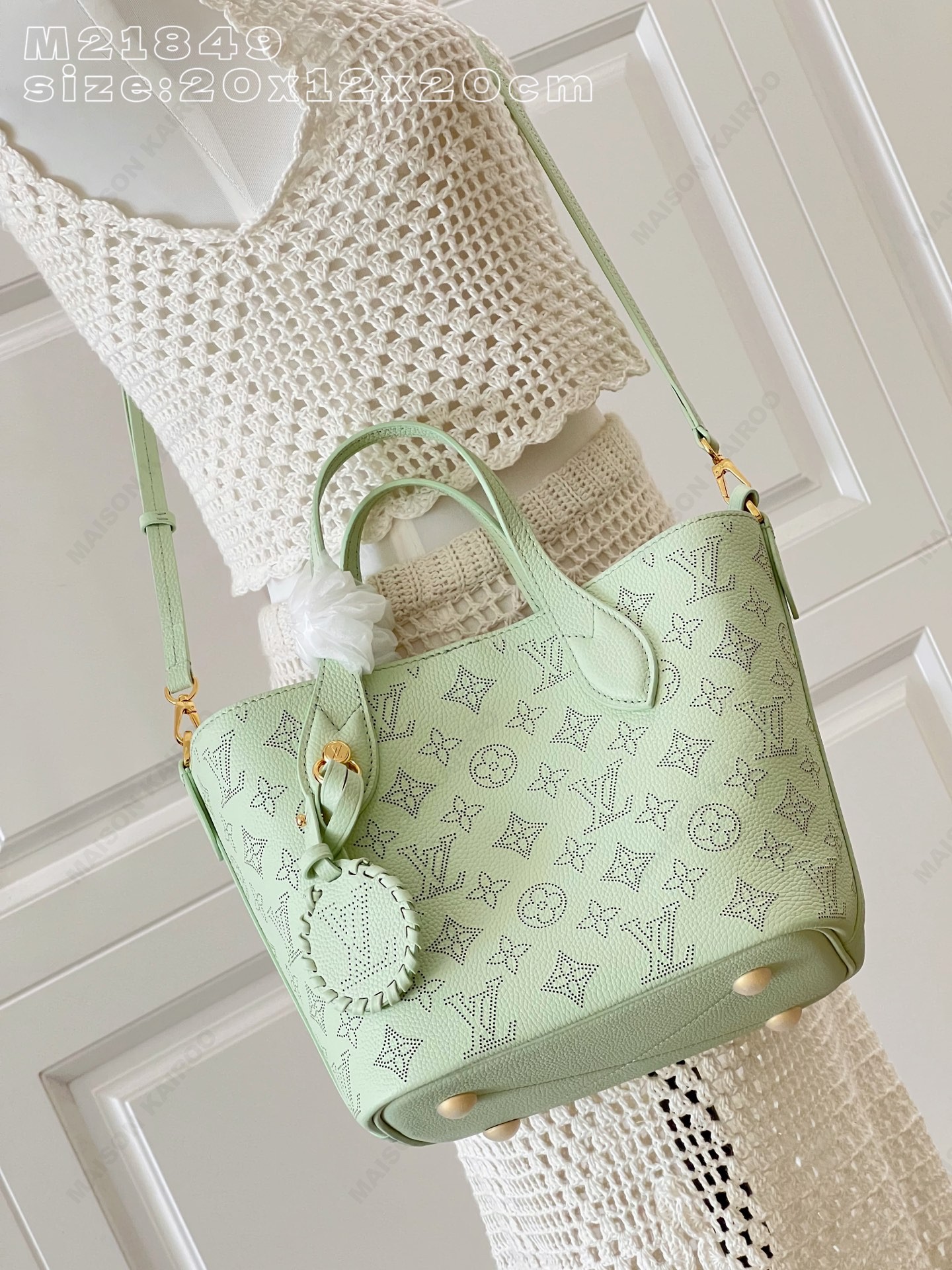【15A】Louis Vuitton LV Mahina Blossom PM Mint Green Dense Perforated Monogram Leather Basket Handle Tote Bag - KAIROO