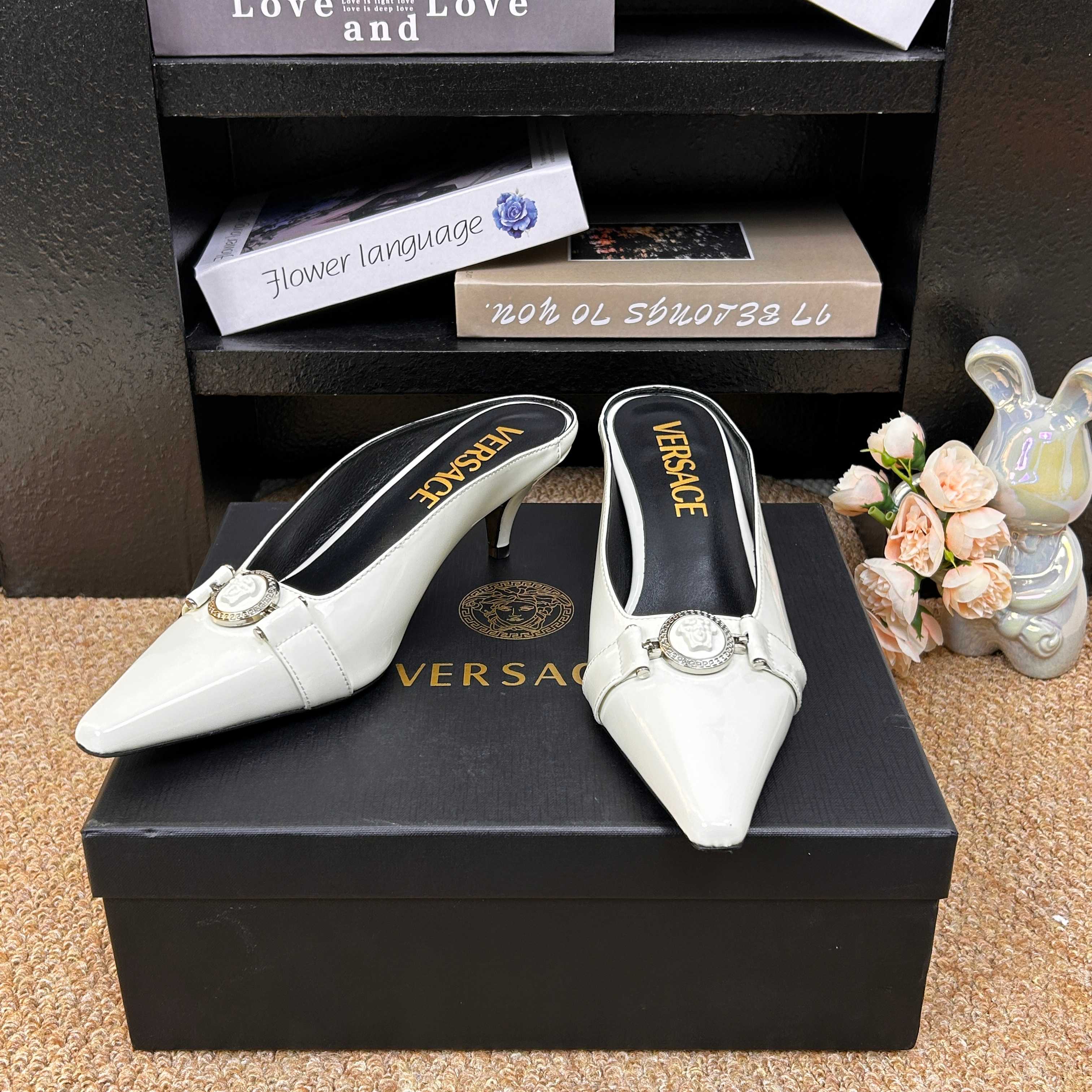 Versace Shiny Leather Heeled Slides