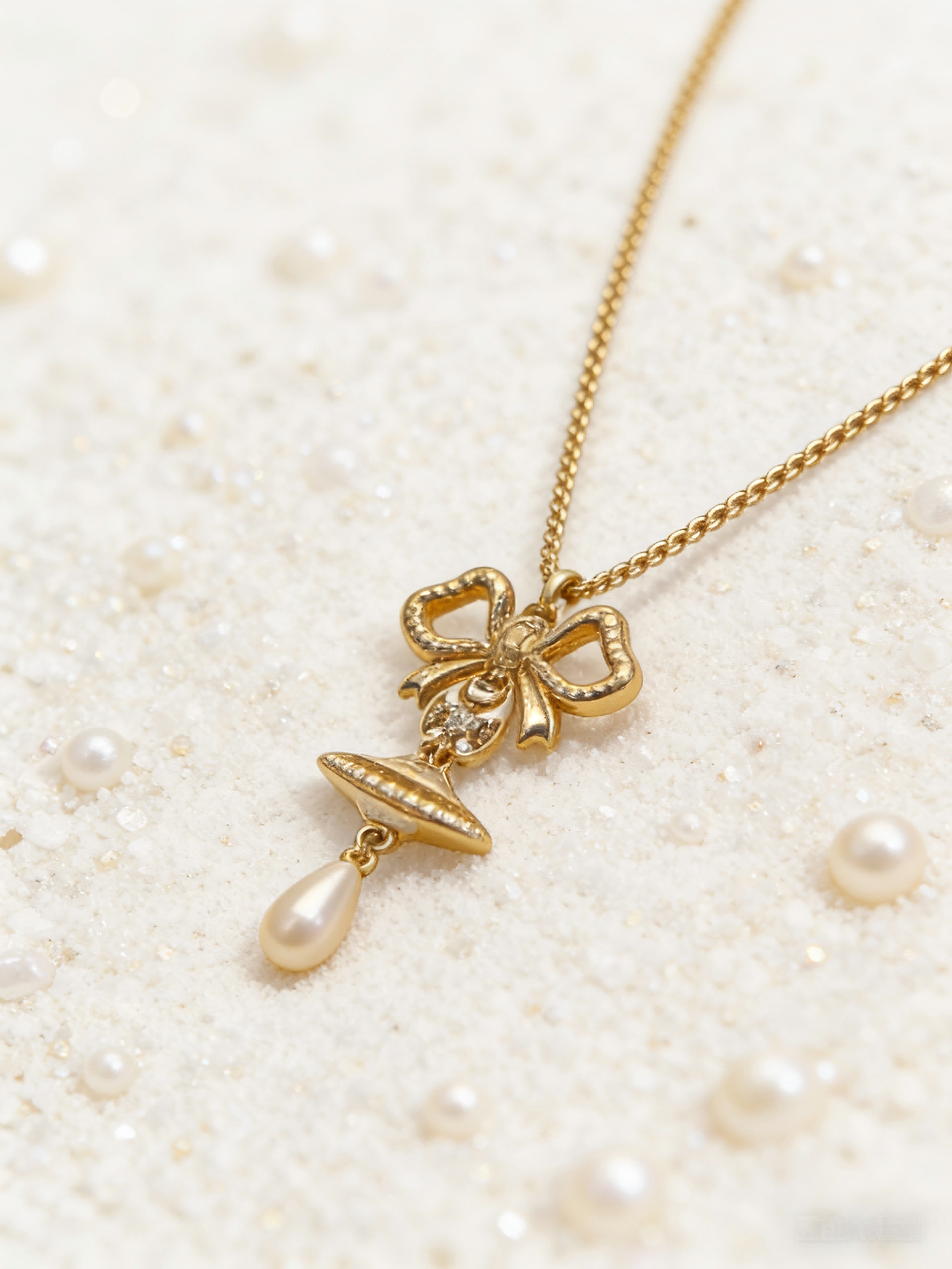 Elegant Gold Bow Saturn Pendant Necklace with Pearl Drop – Dainty Jewelry Gift for Her