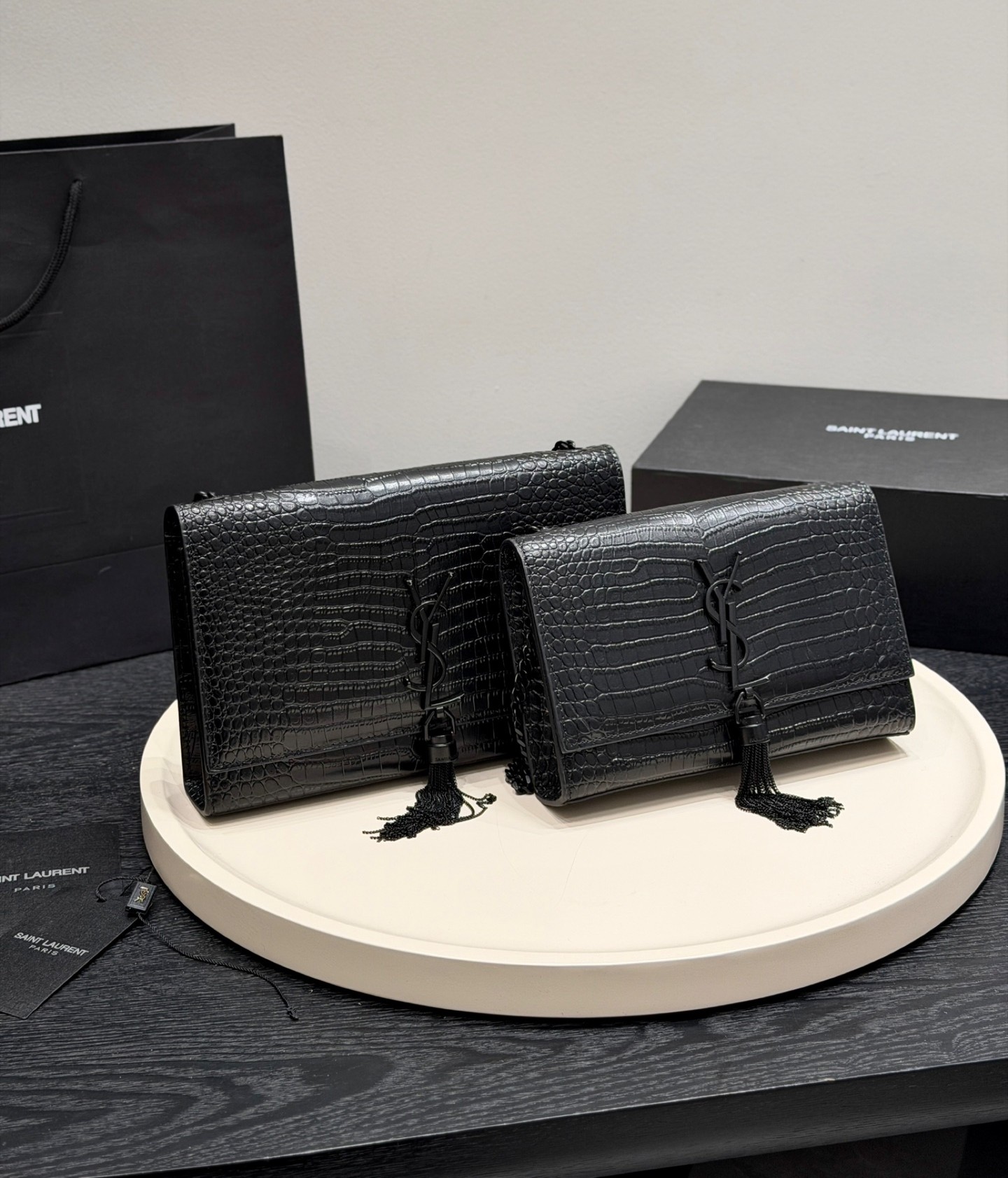 Saint Laurent YSL Kate Small& Medium All Black Croc Embossed Leather Chain Tassel Shoulder Bag - KAIROO