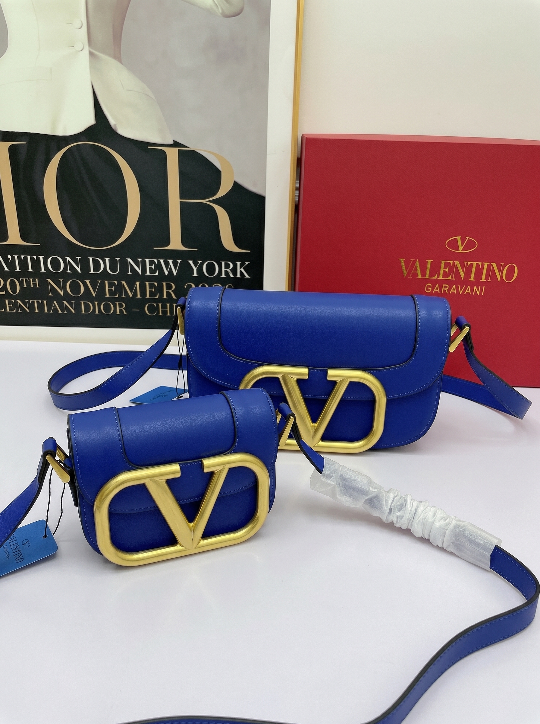 Valentino Mini& Small Oversized VLogo Signature Blue Leather Maxi Gold Hardware Flap Shoulder Bag - KAIROO