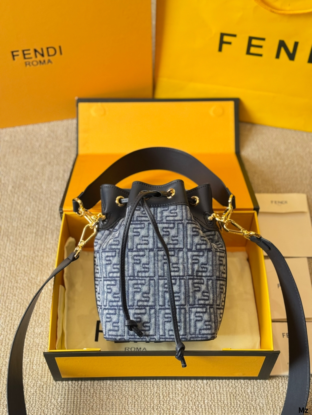 Fendi FF Mon Tresor Mini Dark Denim Jacquard Monogram Leather Drawstring Bucket Shoulder Bags - KAIROO