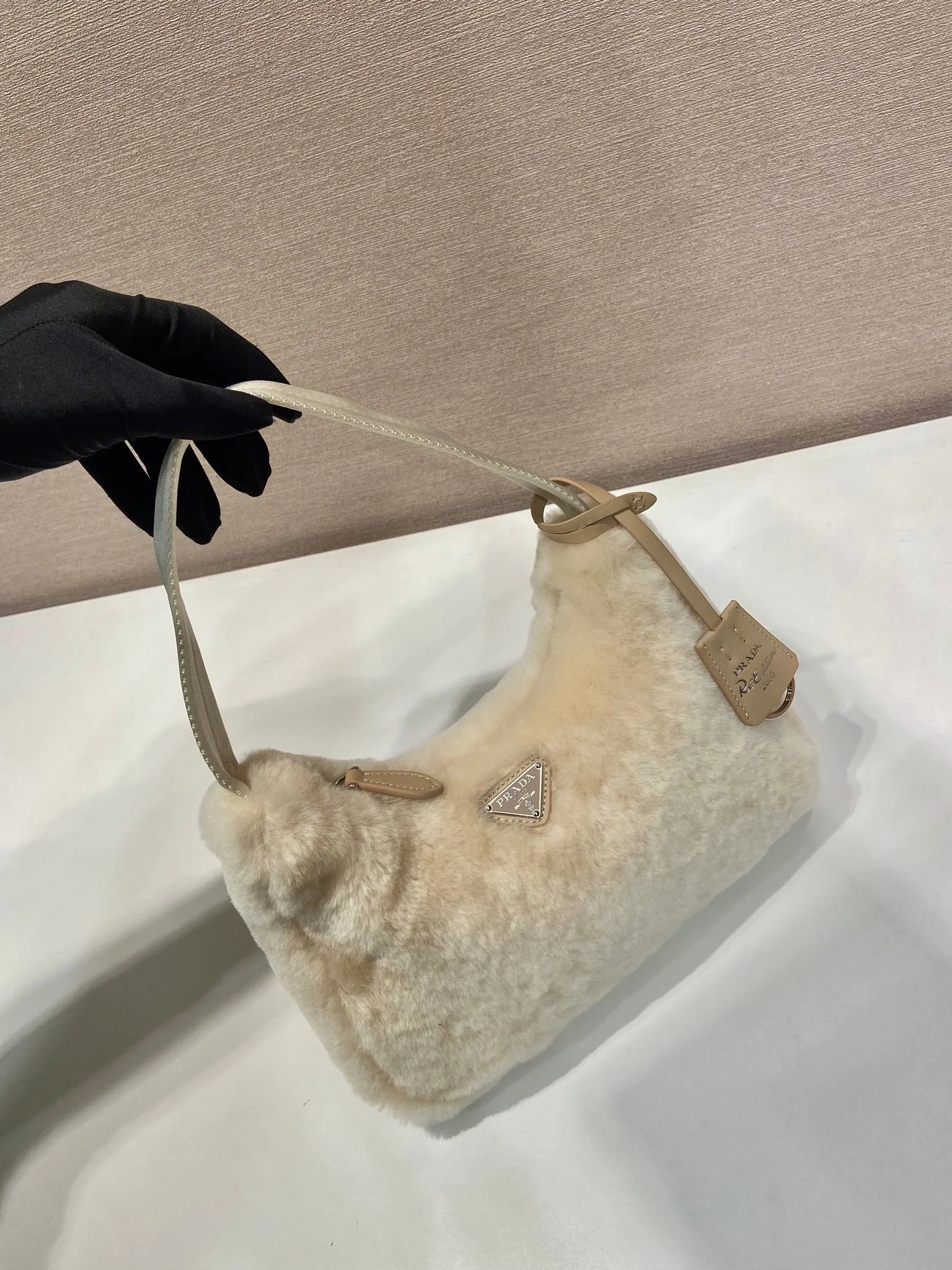 Prada HOBO BAG 23 IN BEIGE RABBIT FUR