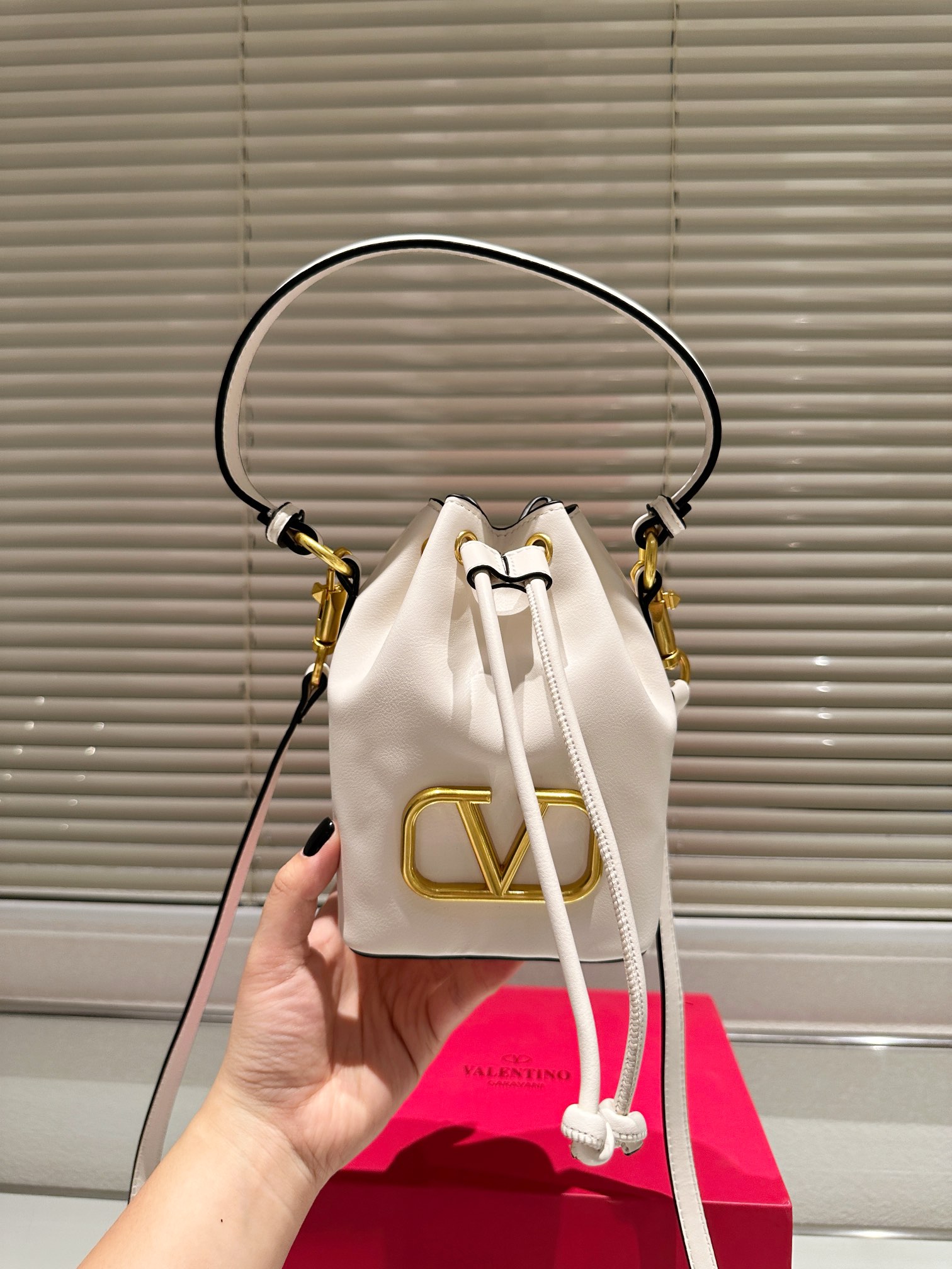 Valentino Gold VLogo Signature Mini Smooth Leather Drawstring Cylindrical Bucket Crossbody Bag - KAIROO