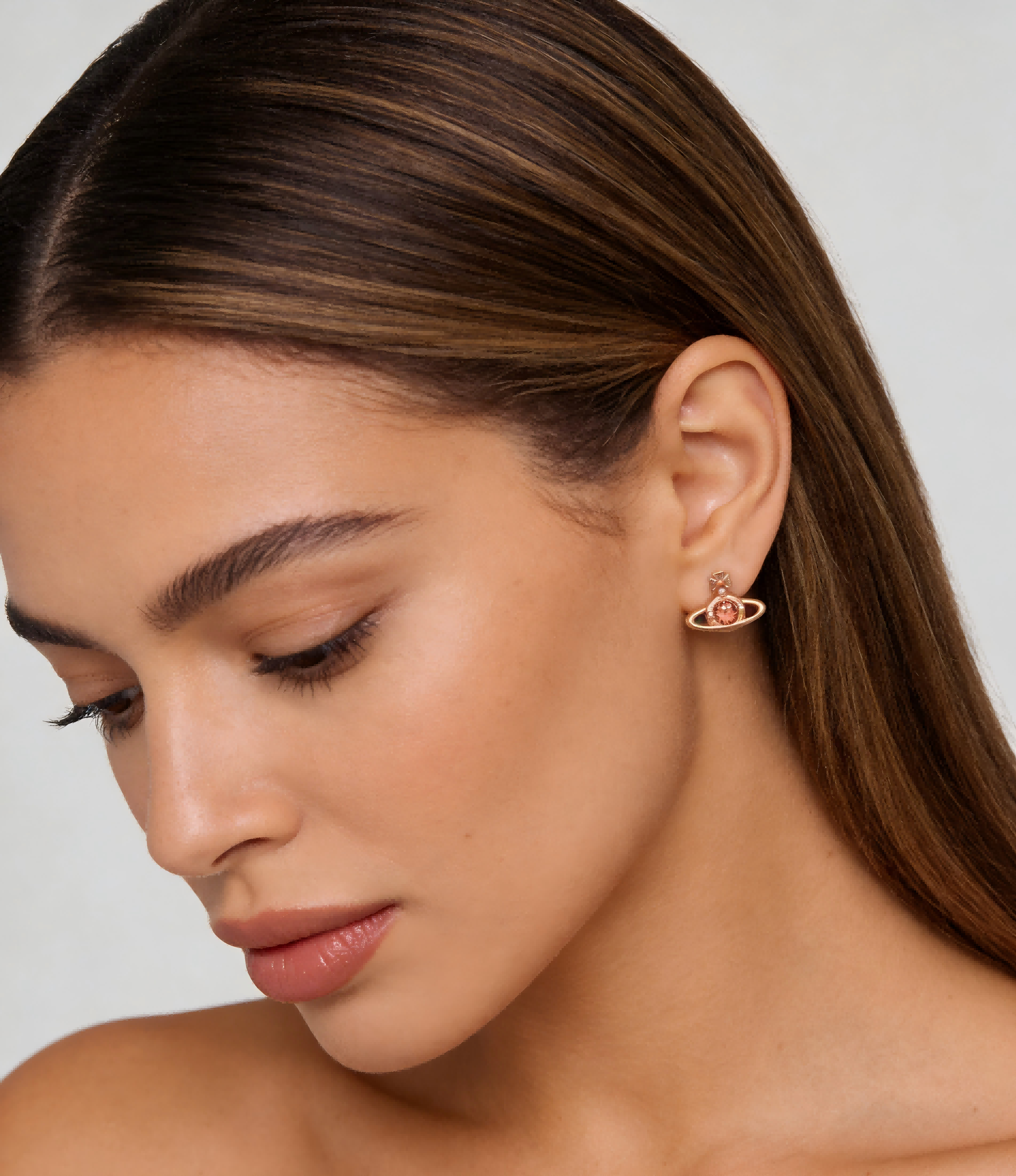 2026 New Vivienne Westwood Rose Gold Tone Peach Crystal Mini Saturn Orb Stud Earrings for Women, Trendy Y2K Aesthetic Dainty Jewelry, Perfect for Daily & Party Wear