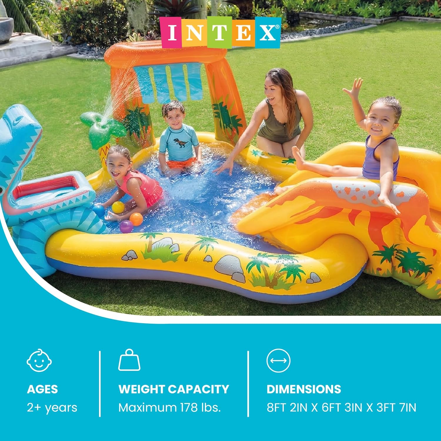 Intex Inflatable Dinosaur Play Center Outdoor Playhouse Inflatable Water Park with Kid Pool Slide, Water Sprayer, Waterfall, and 6 Balls, Multicolor
