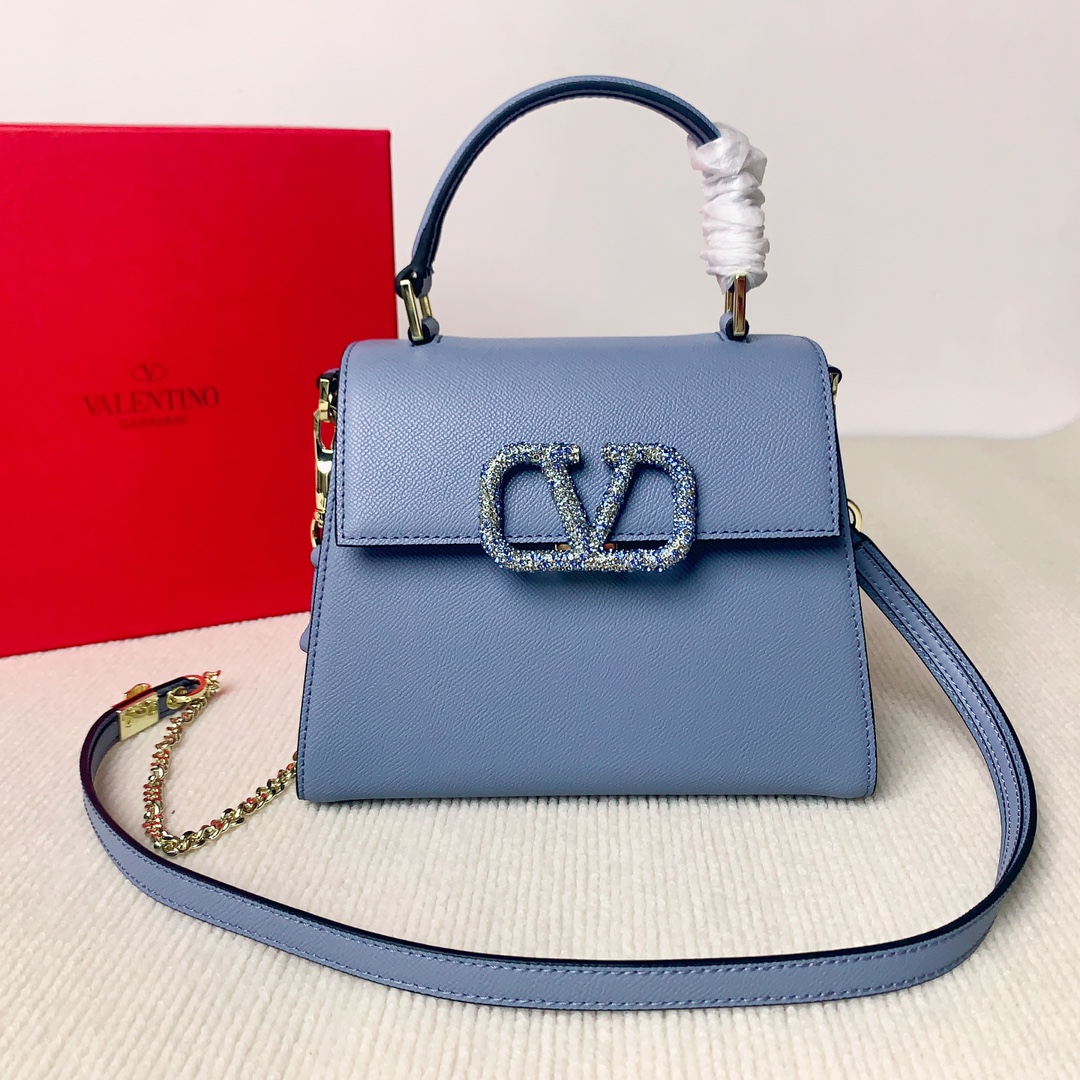 Valentino Garavani Vsling Top Handle bag in Calfskin and crystals-Blue
