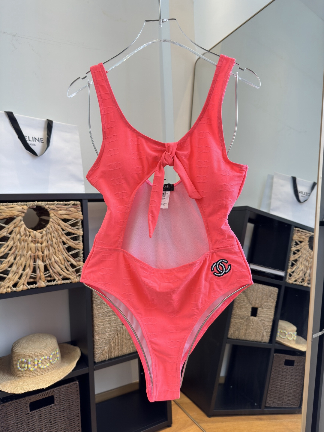 Chanel CC Monogram Embossed Cutout Coral Red Crystal Logo One-Piece Swimsuit - KAIROO