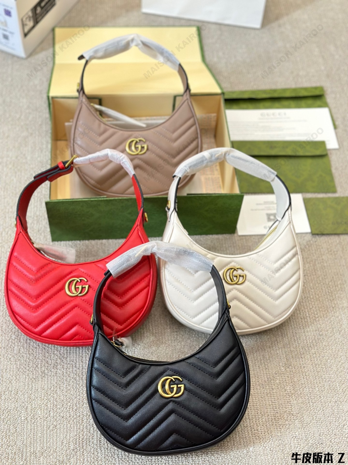 Gucci GG Marmont Small Matelassé Chevron Smooth Leather Logo Crescent Moon Hobo Shoulder Bag - KAIROO