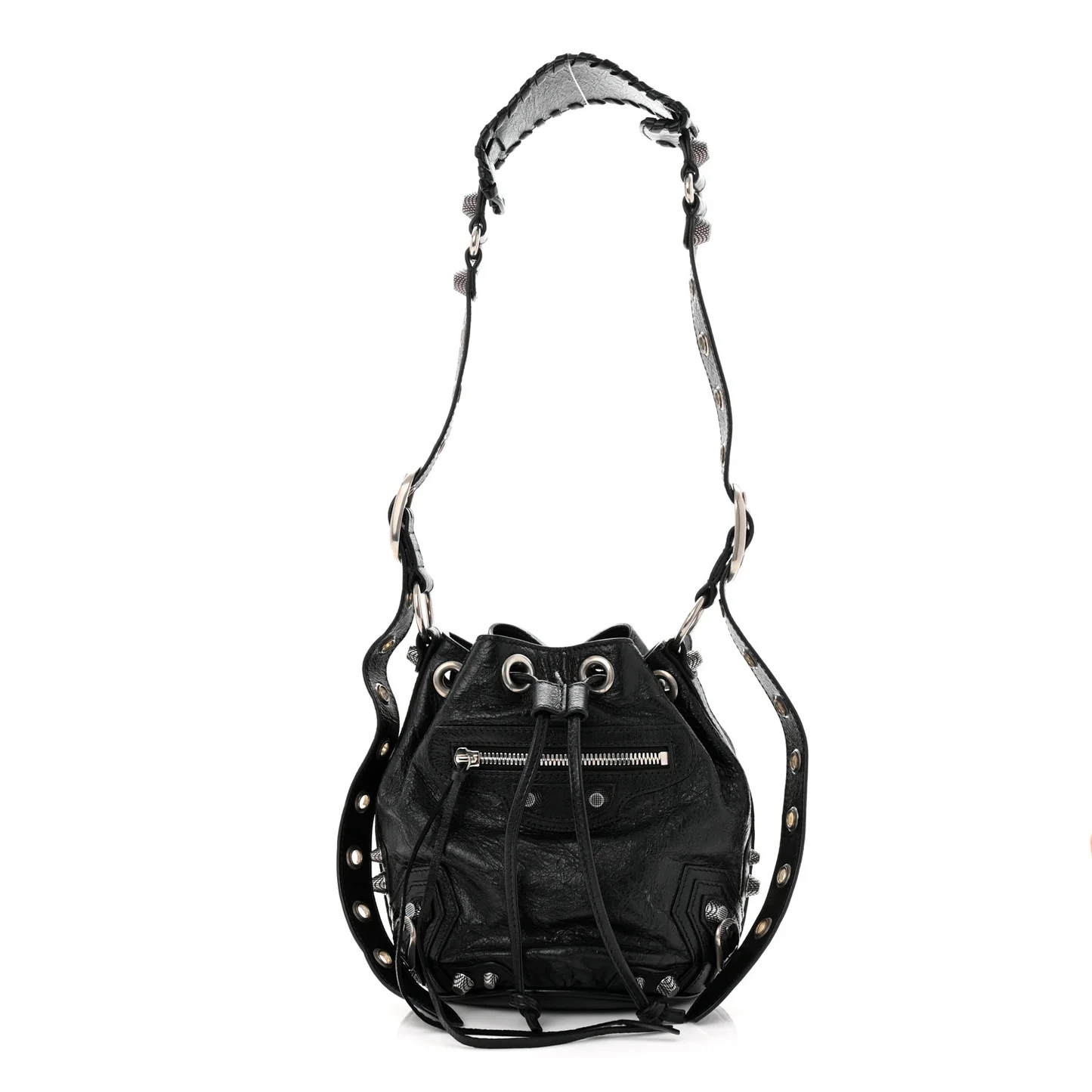 Balenciaga Le Cagole Mini Crinkled Arena Leather Heart Mirror & Pouch Bucket Studded Shoulder Bag - KAIROO