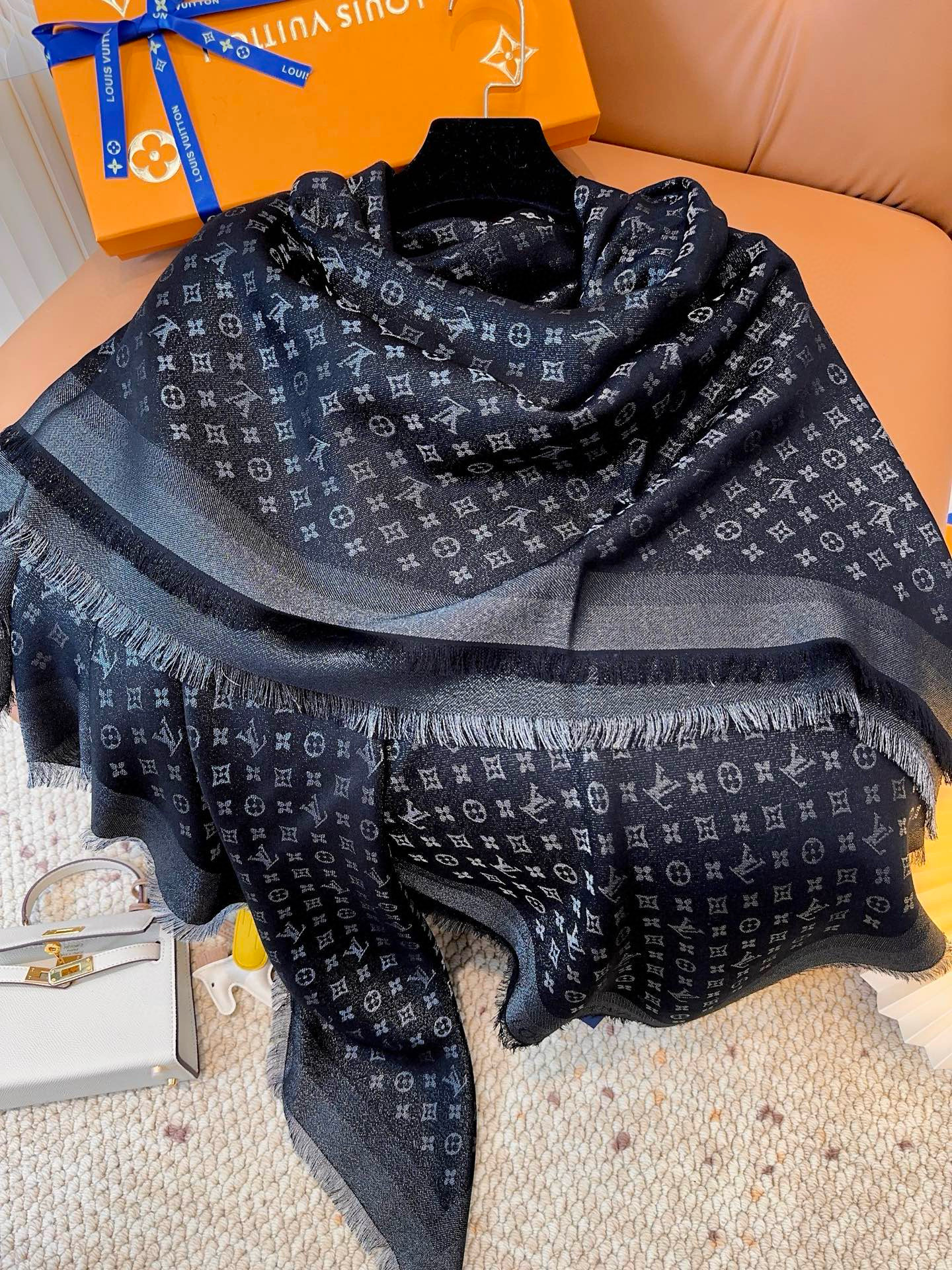 LV Classic Monogram Moonlight Silk and Wool Shawl