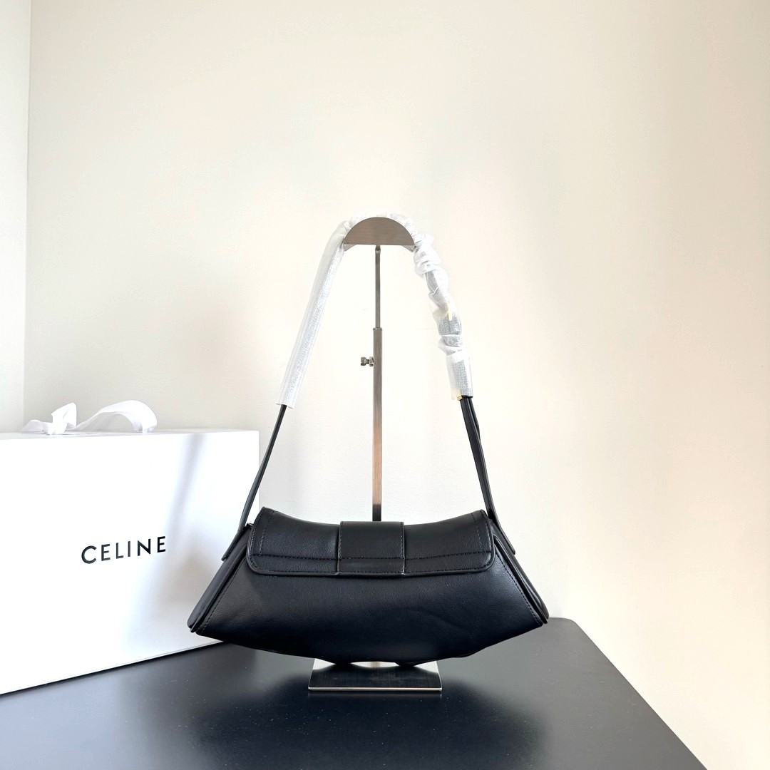 Celine Black Teen Polly Heloise Leather Gold Triomphe Magnetic Flip-Lock Pleated Hobo Bag - KAIROO