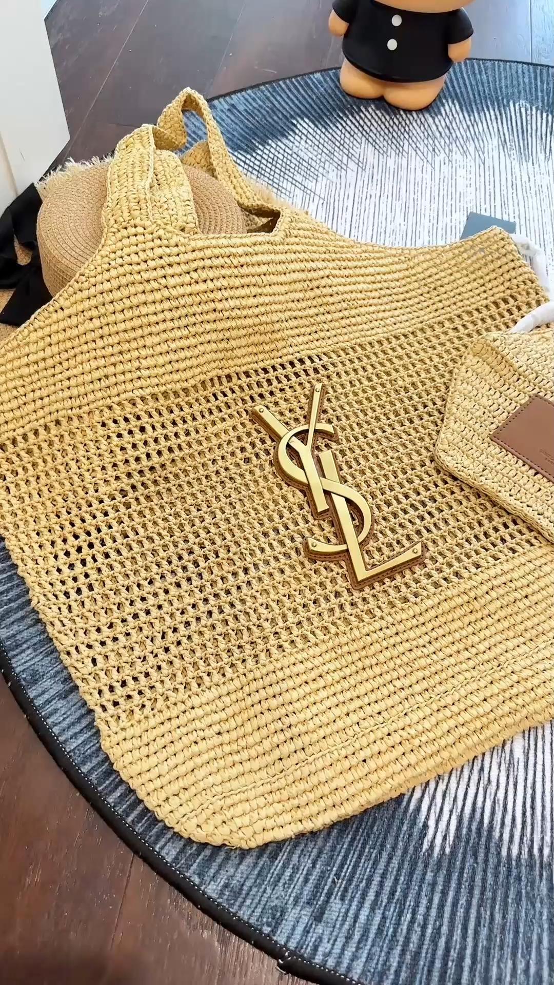 Saint Laurent Medium YSL Leather trim Logo Openwork Weave Raffia Icare Gaya Tote Bag With Mini Pouch - KAIROO