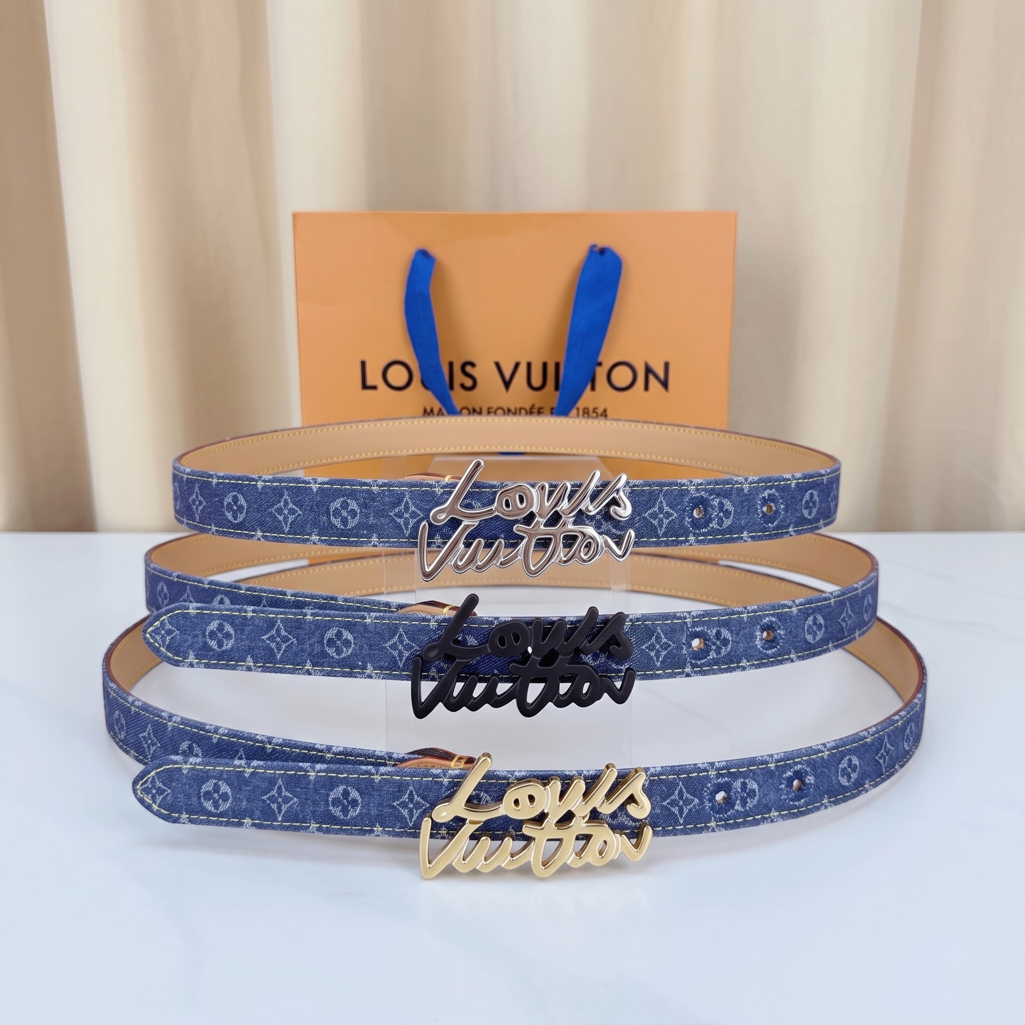 Louis Vuitton LV Denim Monogram Script Logo Slim Belt - KAIROO