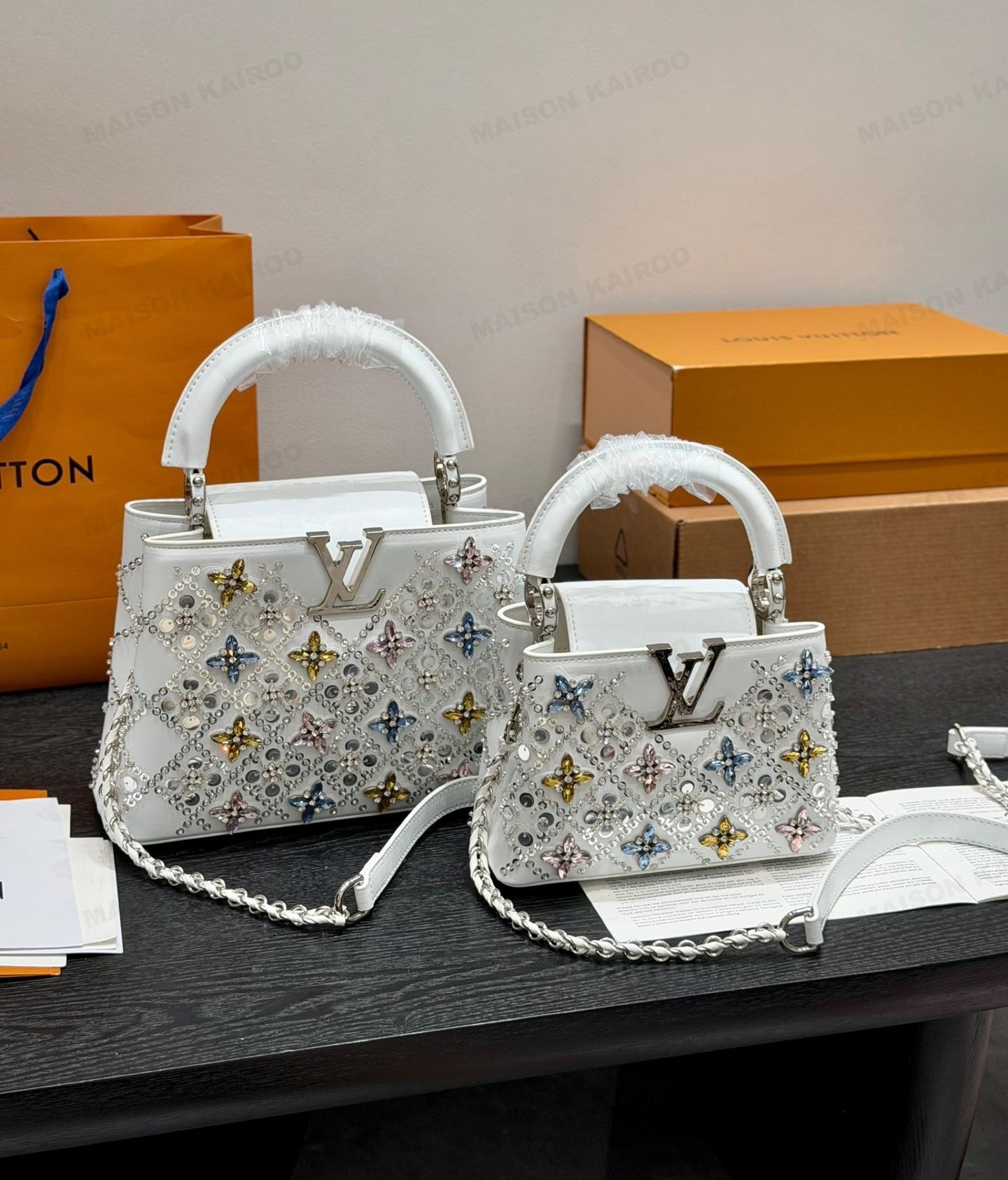 Louis Vuitton LV Capucines BB/Mini White Multicolor Crystal Diamond Embellished Leather Top Handle Bag - KAIROO