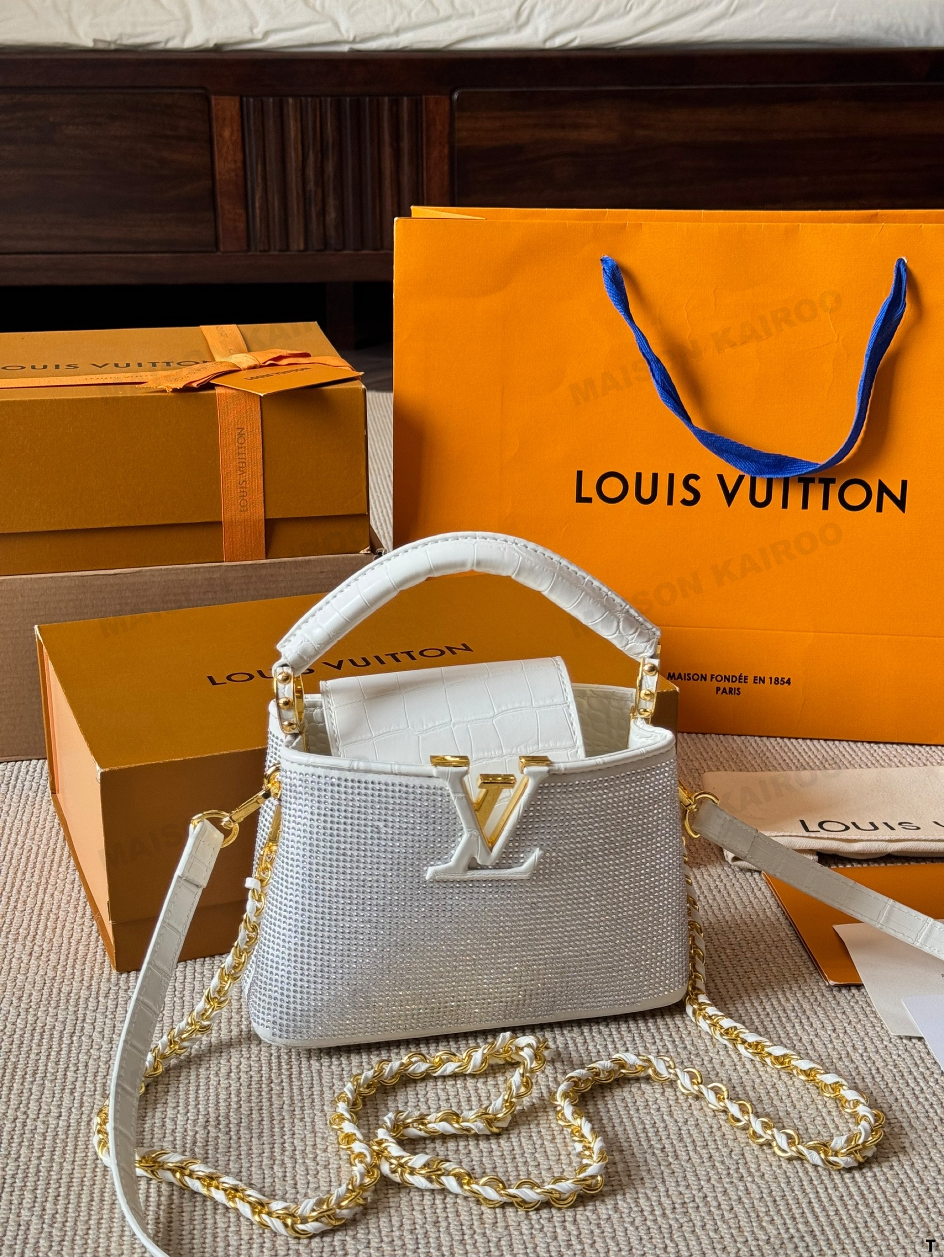 Louis Vuitton LV Capucines BB & Mini White Full Crystal Croc Embossed Leather Flap Chain Top Handle Bag - KAIROO