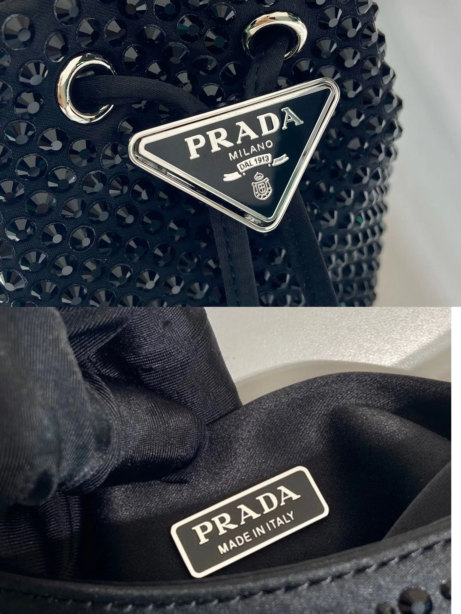 Prada MINI BUCKET BAG 12 IN BLACK NYLON FABRIC EMBELLISHED FULL CRYSTALS