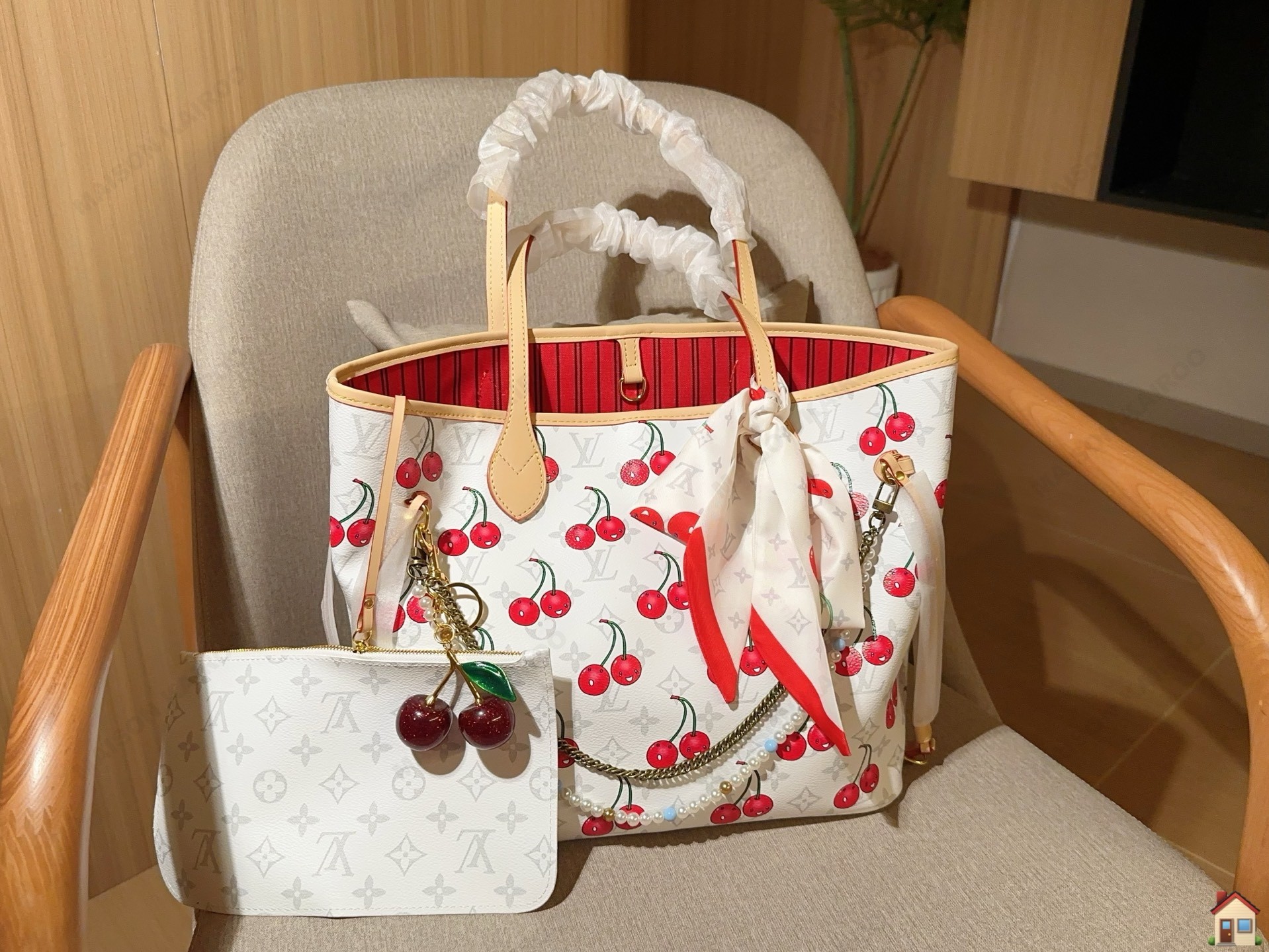 Louis Vuitton LV x TM Neverfull MM White Multicolore Monogram Canvas Leather Cherry Print Tote Bag With Pouch - KAIROO