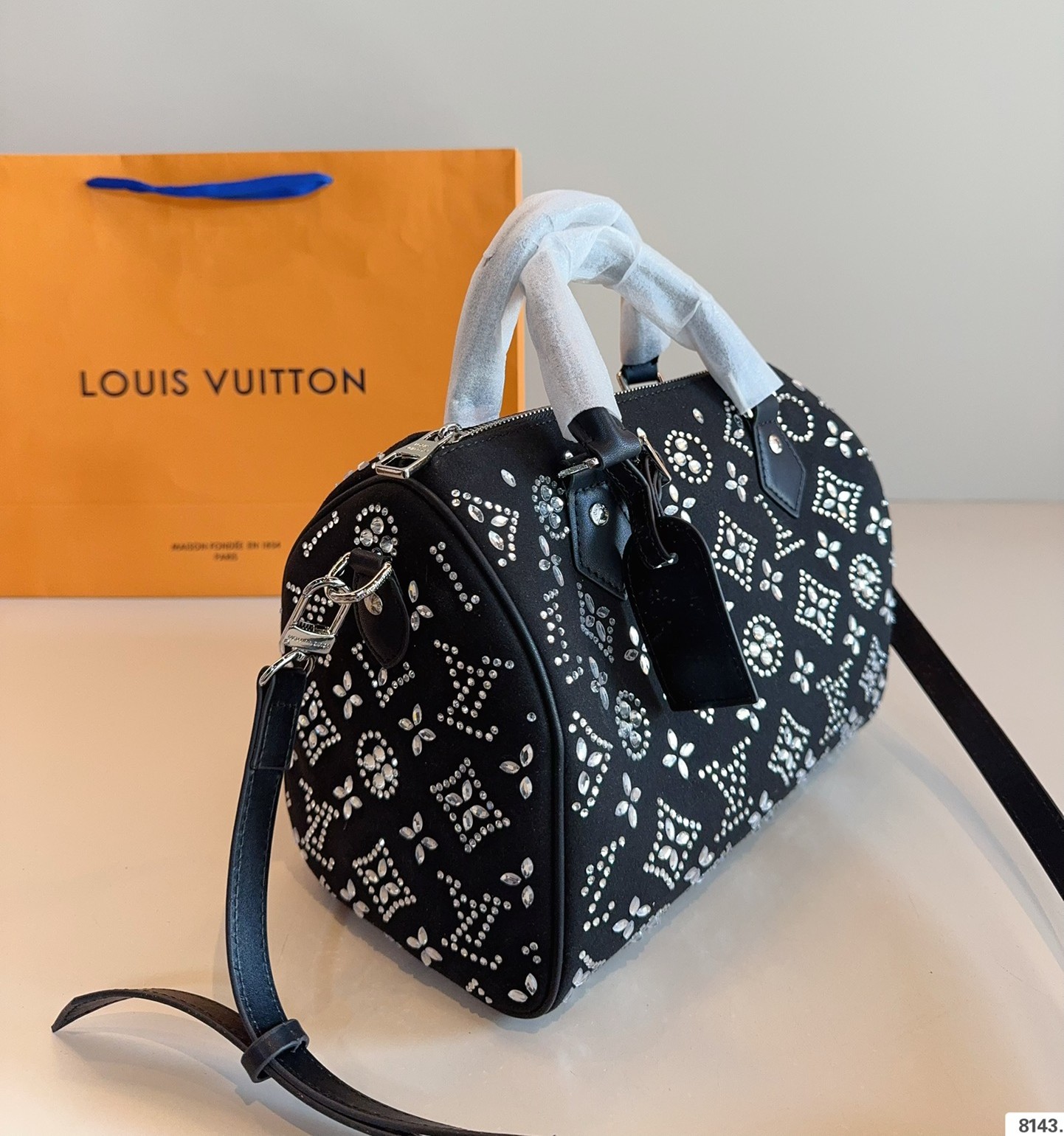 Louis Vuitton LV Speedy 25 Strass Black Monogram Suede Leather Boston Top Handle Bag - KAIROO
