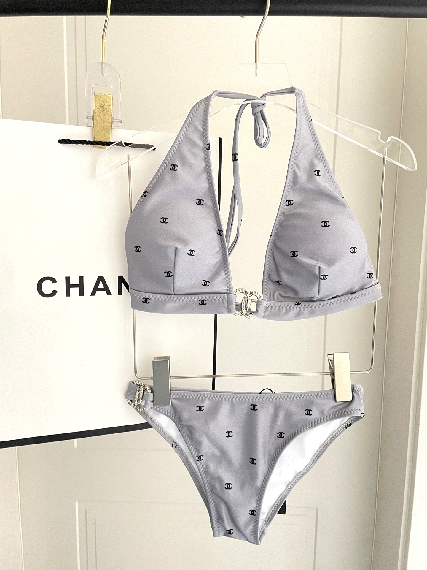Chanel All-Over CC Logo Clasp Print Crystal Clasp Bikini Set Swimwear /Light Grey - KAIROO