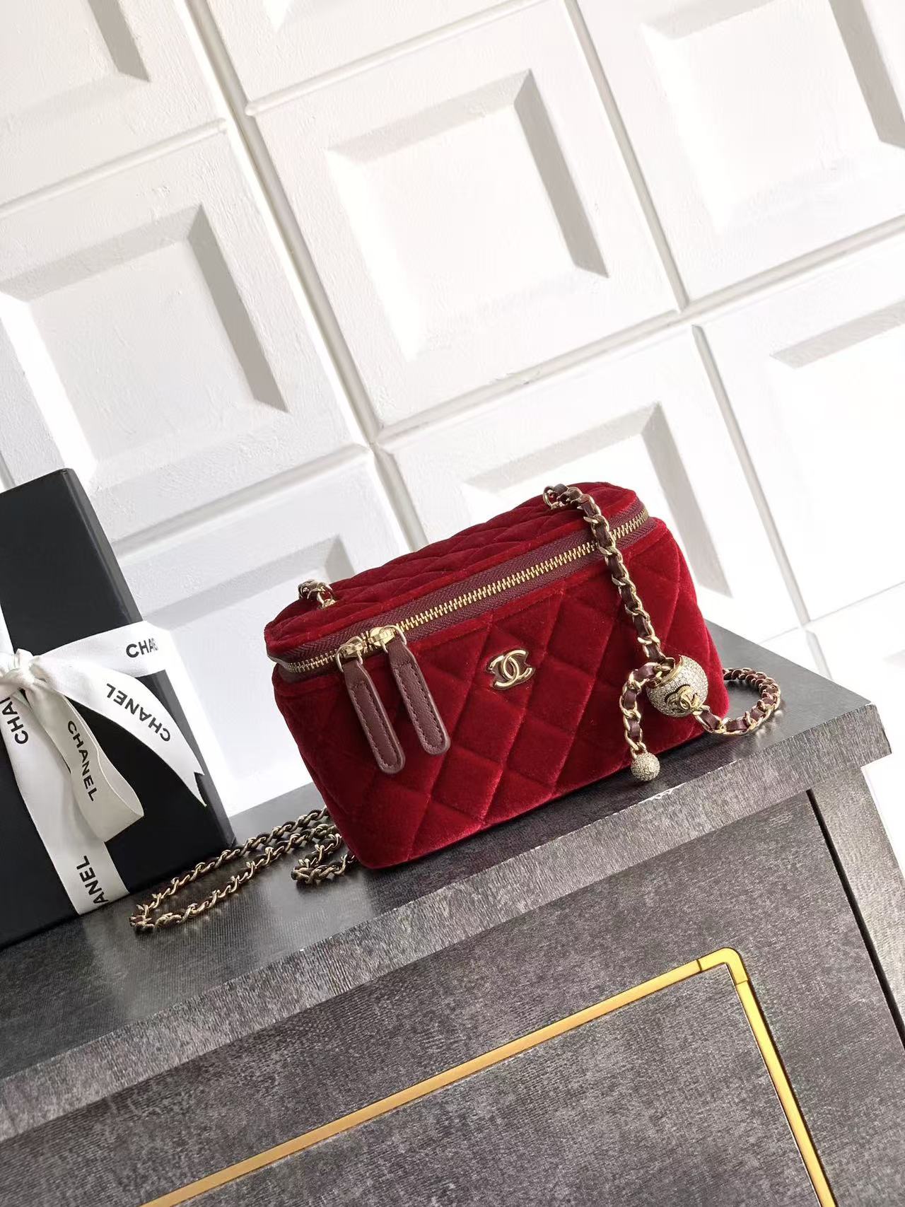 Chanel Metal CF Velvet Diamond Small Gold Ball Cosmetic Case Crossbody Bag