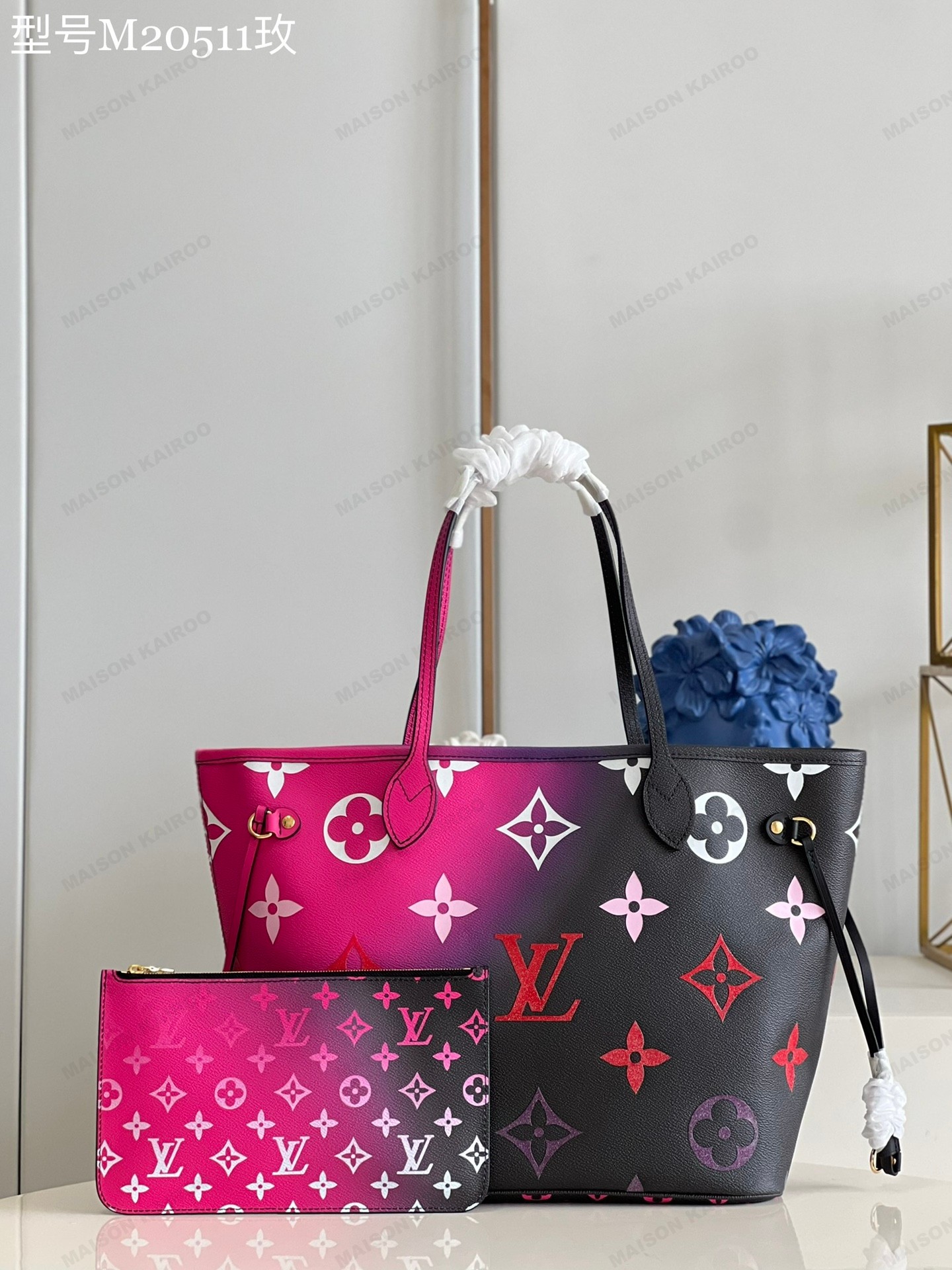 Louis Vuitton LV Neverfull MM Midnight Fuchsia To Black Gradient Monogram Canvas Tote Bag With Pouch - KAIROO