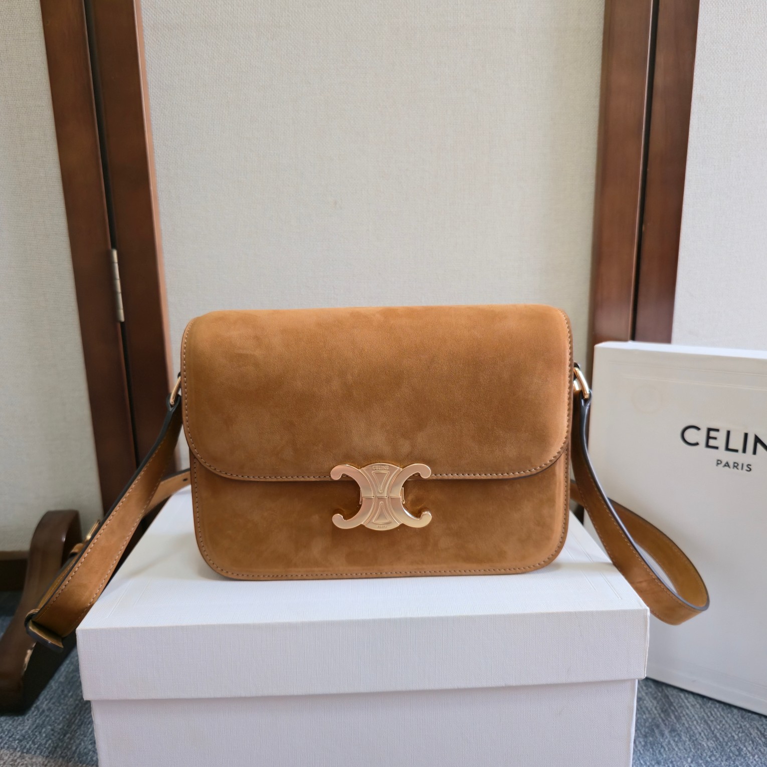 Celine Classique Triomphe Bag in Brown Suede