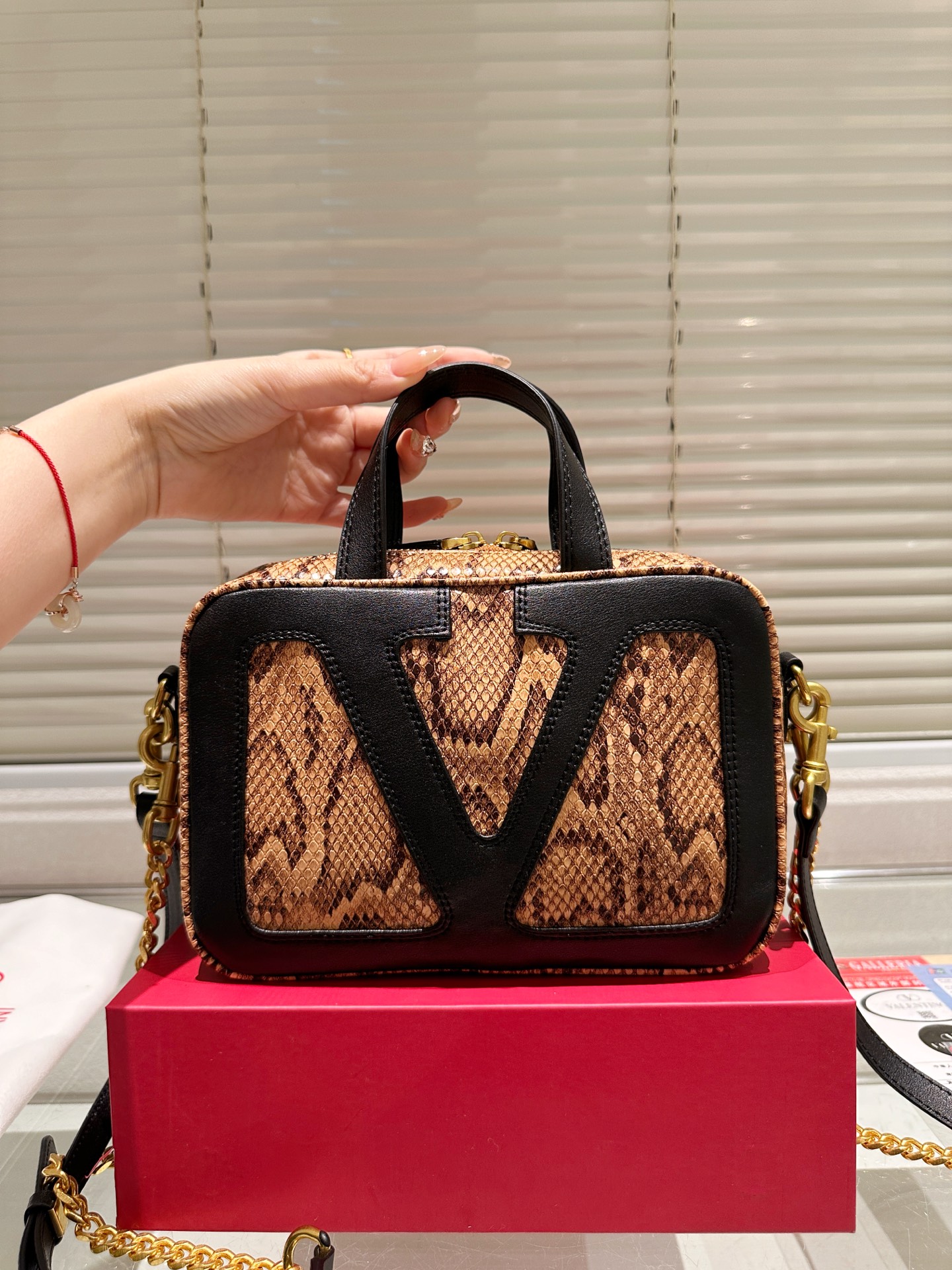Valentino Python Effect Leather Oversized Appliqué VLogo Chain Strap Handle Boxy Tote Camera Bag - KAIROO