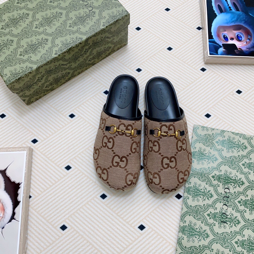 Gucci Embossed/ Horsebit GG Supreme Canvas & Leather & Suede Slip-On Clogs Closed-Toe Mules Sandals - KAIROO